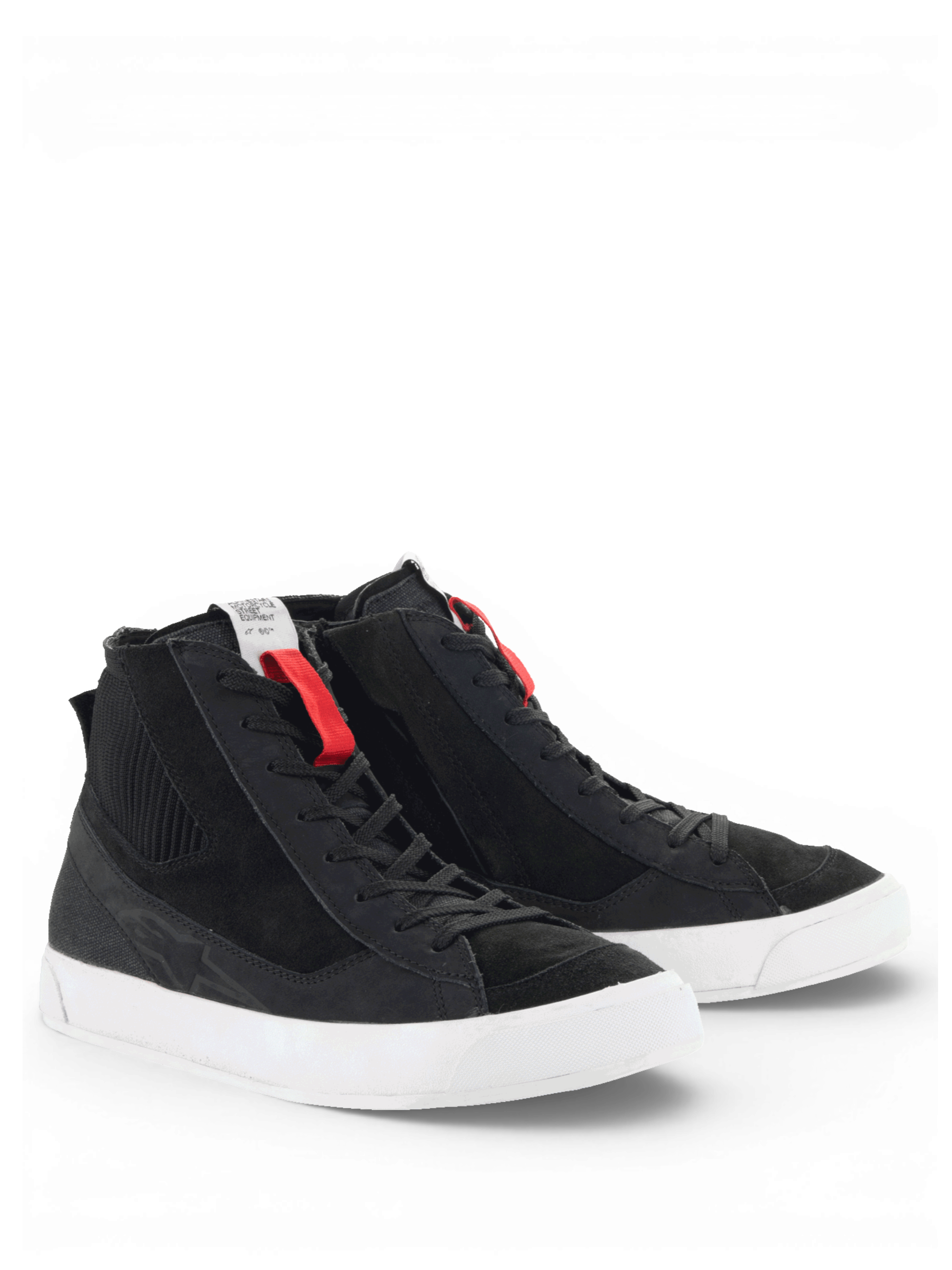 Alpinestars Stated Shoes, black and white urban motorcycle sneakers, men's retro skate style in nubuck and durable suede.