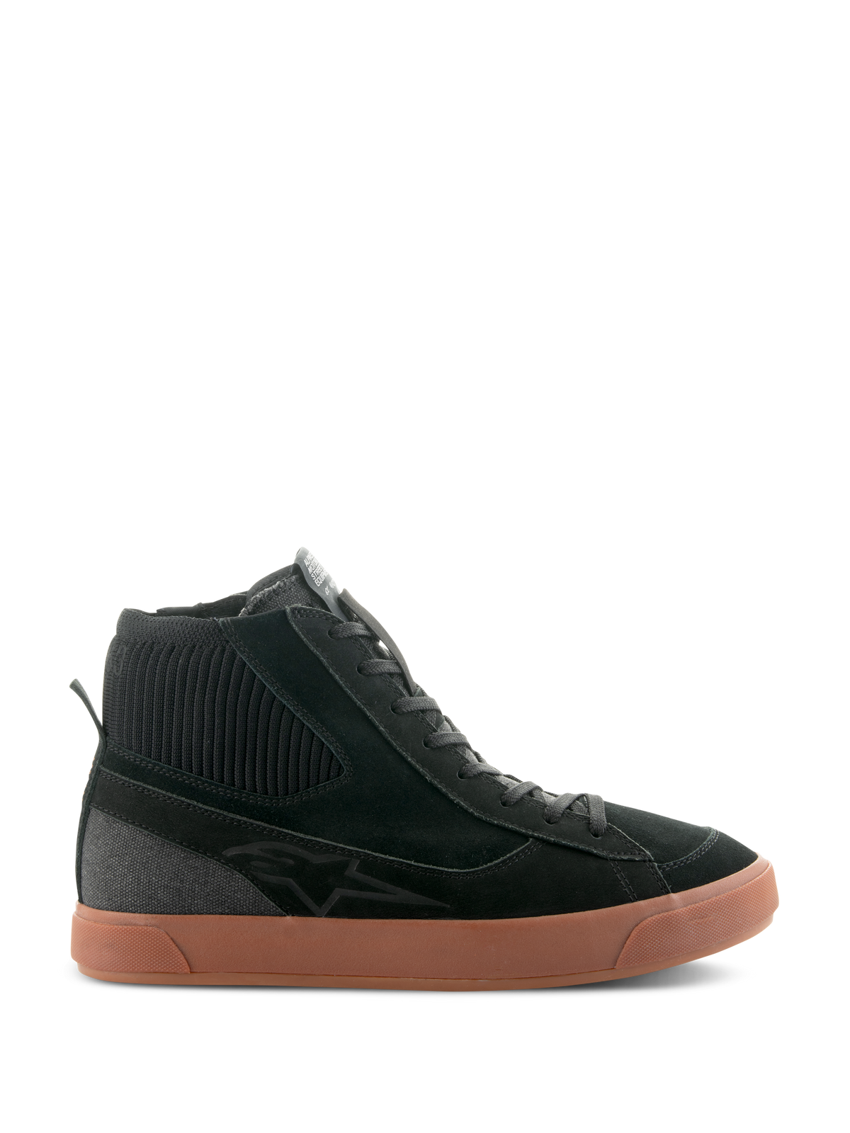 Alpinestars Stated Shoes, Black high-top motorcycle riding sneaker with a brown gum rubber sole, suede and canvas upper featuring a ribbed knit ankle collar, retro skate-inspired streetwear design