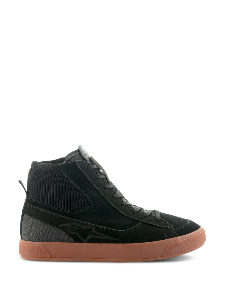 Alpinestars Stated Shoes, Black high-top motorcycle riding sneaker with a brown gum rubber sole, suede and canvas upper featuring a ribbed knit ankle collar, retro skate-inspired streetwear design