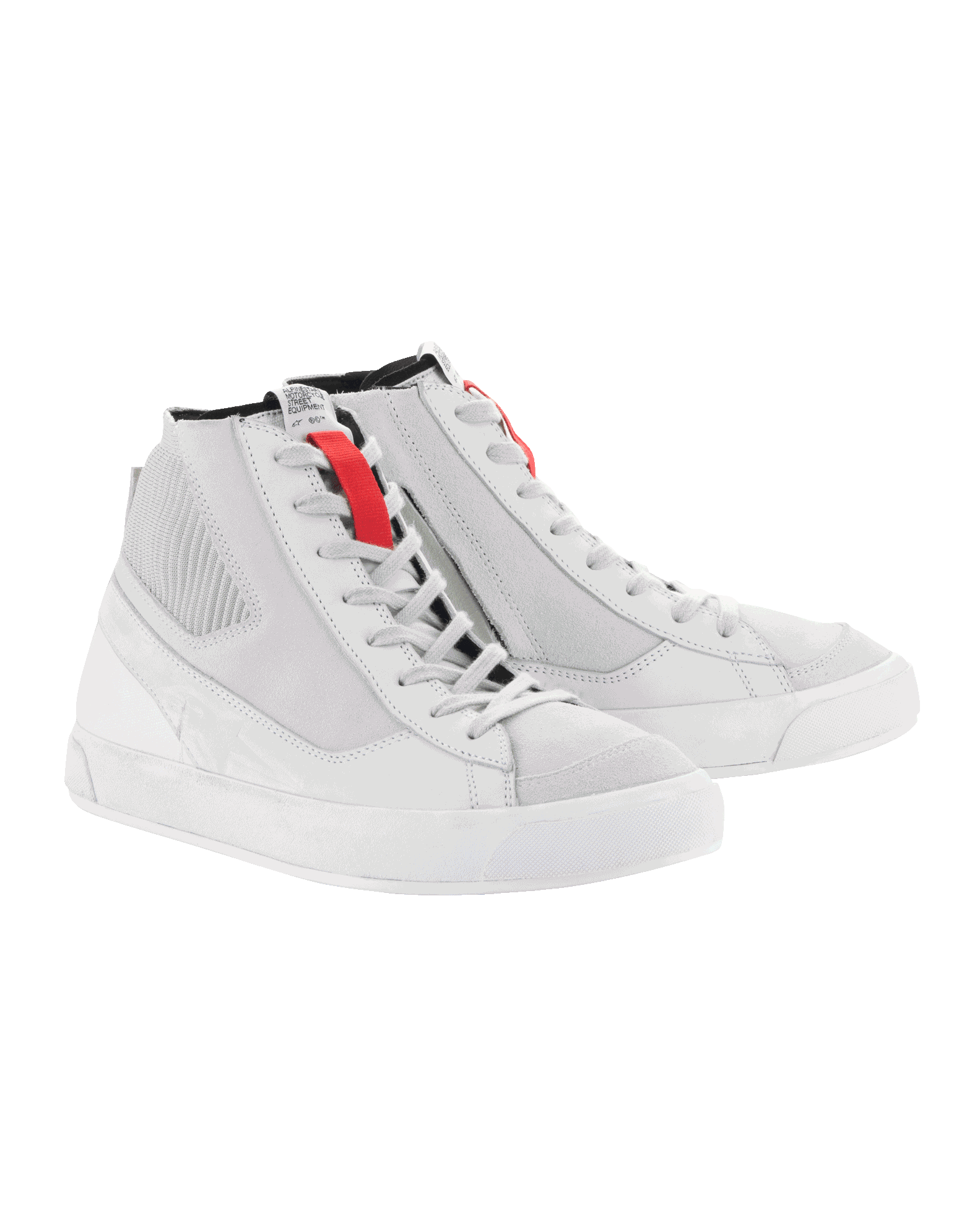 Alpinestars Stated Shoes, White and Gray urban motorcycle sneakers with red accents and a retro high-top style.