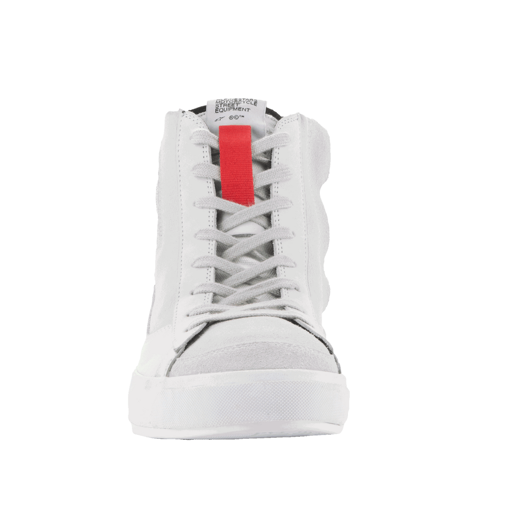 Alpinestars Stated Shoes, urban motorcycle riding shoes in White and Gray with a red accent and skate-inspired design.