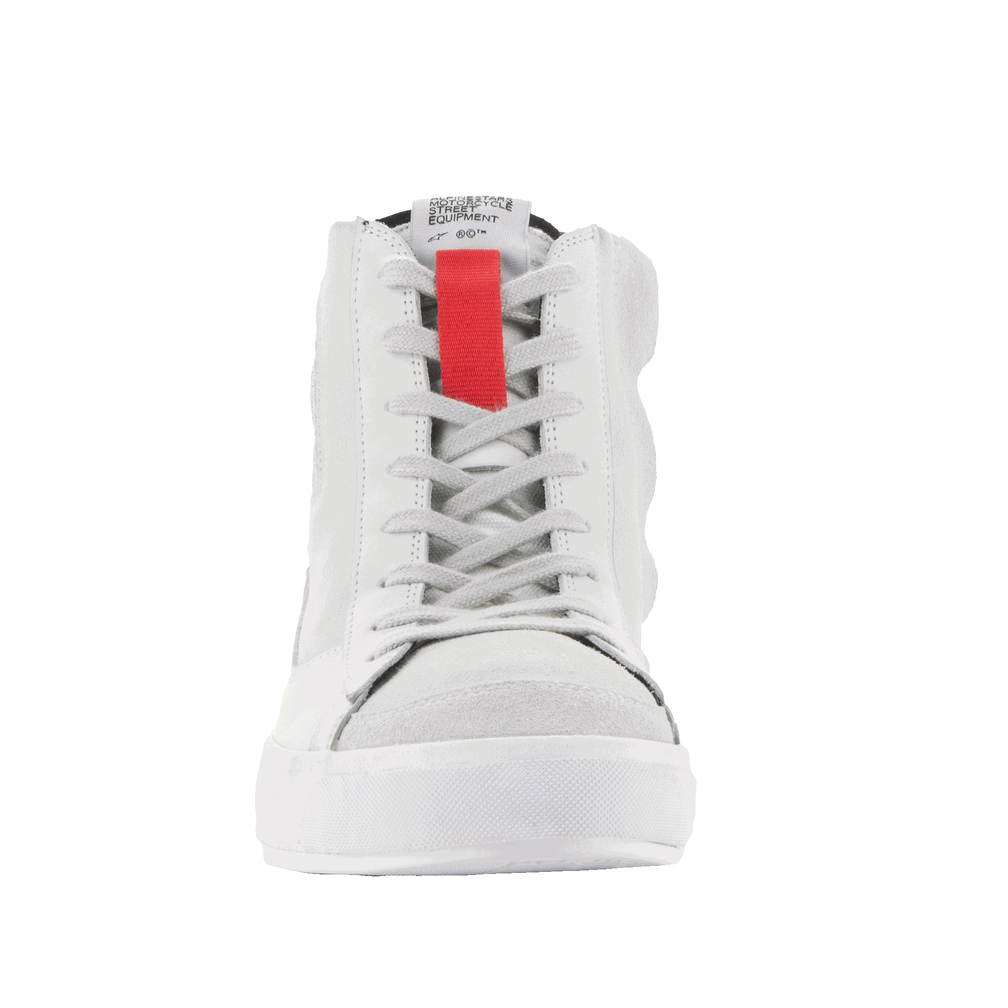 Alpinestars Stated Shoes, urban motorcycle riding shoes in White and Gray with a red accent and skate-inspired design.