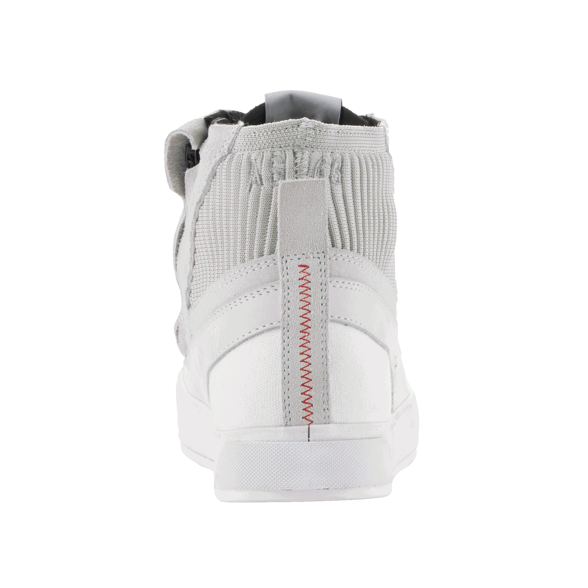 Alpinestars Stated Shoes, Gray and White urban riding shoes featuring red heel stitching and a knitted mesh ankle collar.