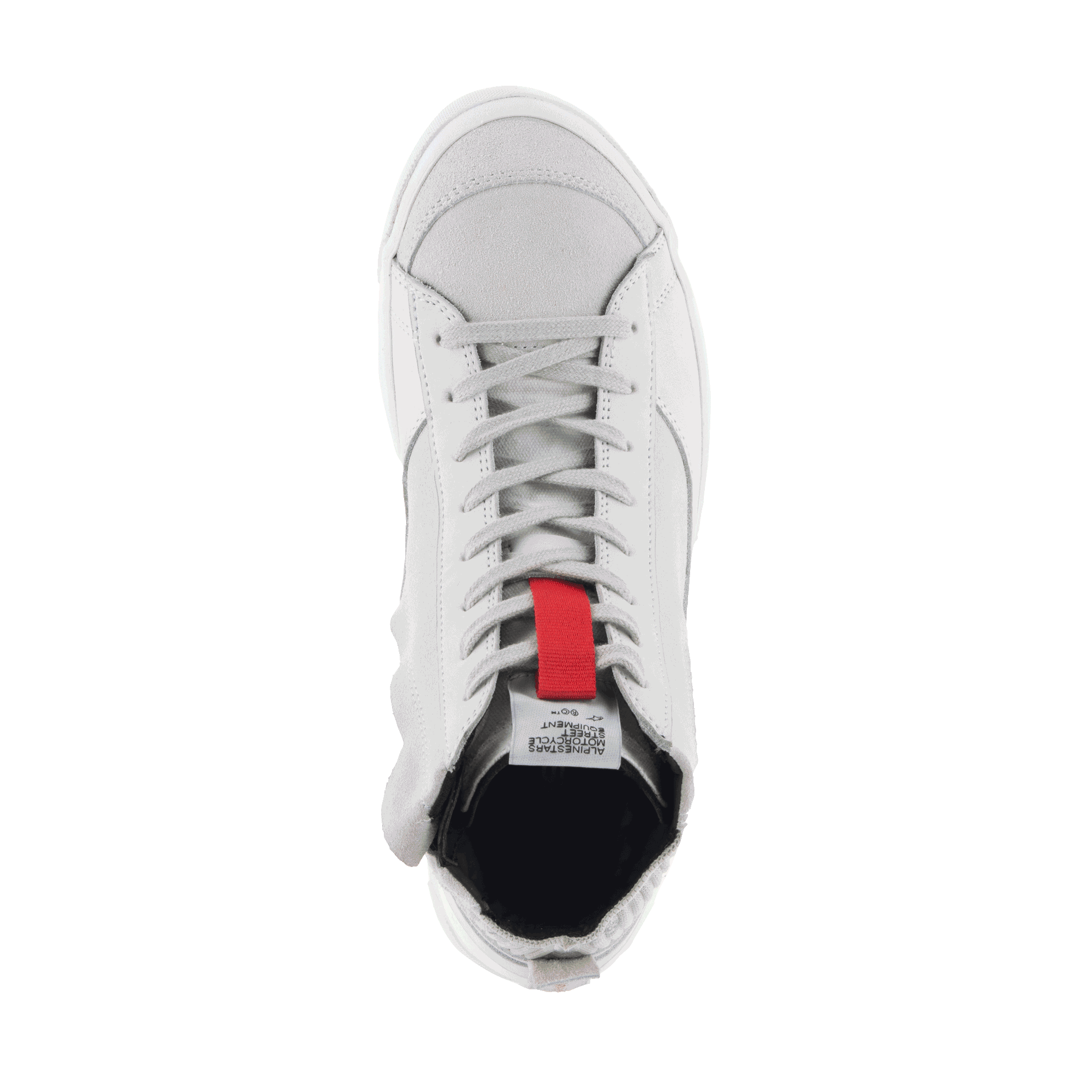 Alpinestars Stated Shoes, Men's Urban Riding Shoes, White and Cool Gray, top-down view of suede skate-inspired sneaker.