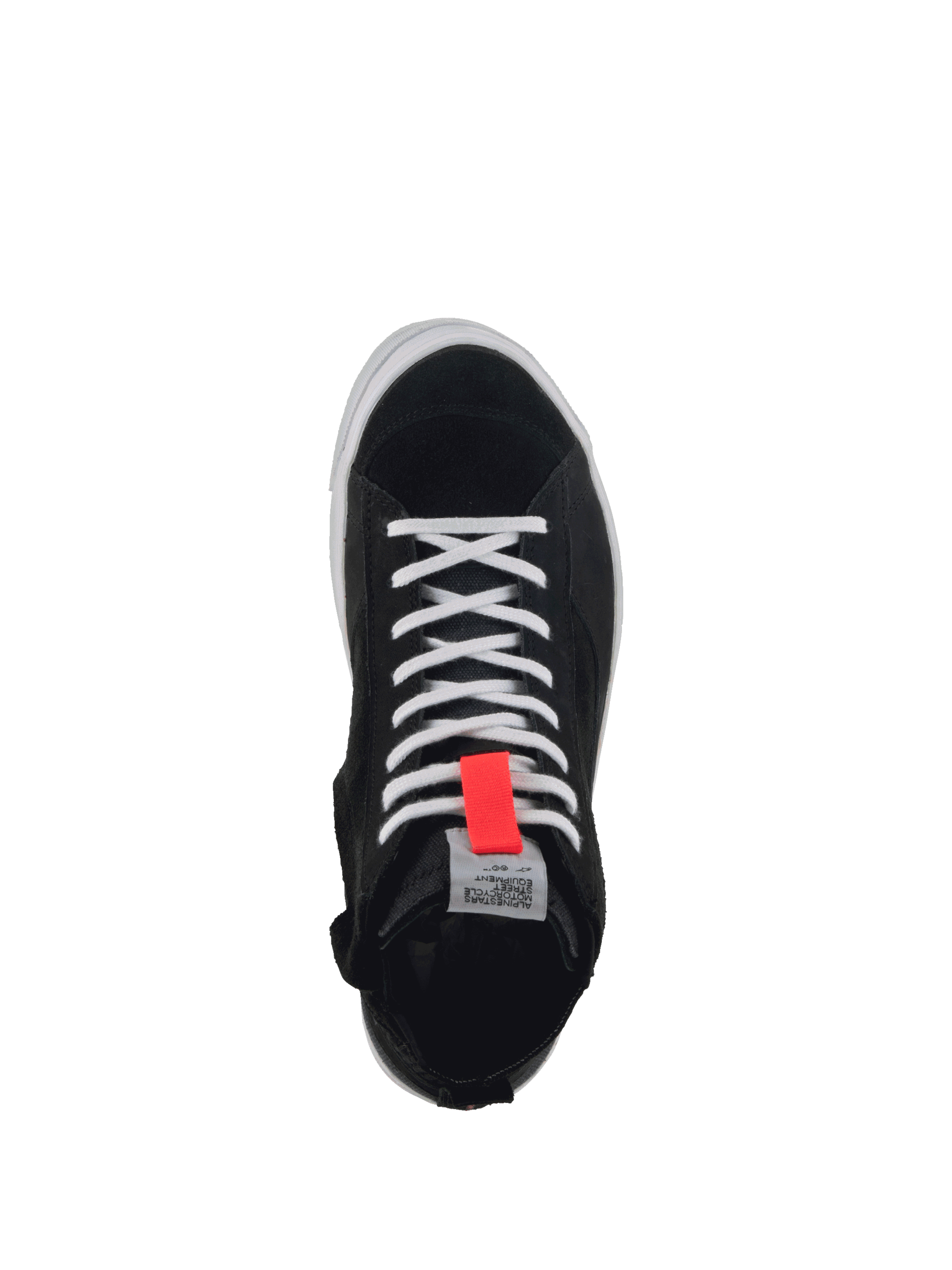 Alpinestars Stella Stated Podium Shoes, Women's Urban Motorcycle Riding Shoes, Black and White with Red detail, Top-down view showing split suede and canvas construction.