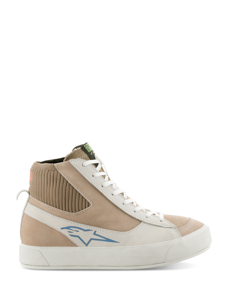 Alpinestars Stella Stated Podium Shoes, Women's High-Top Riding Sneakers, White and Light Gray, beige suede and leather upper, blue Alpinestars logo, ribbed knit ankle collar, thick white vulcanized sole, retro skate style