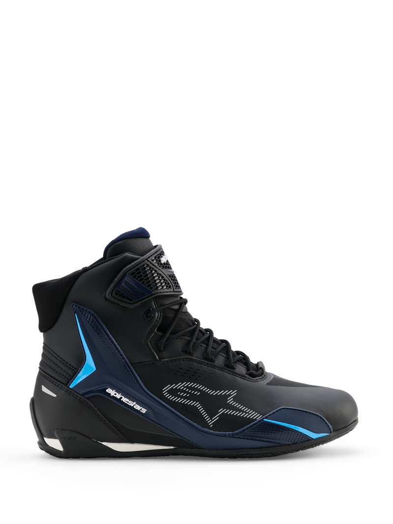 Alpinestars Faster-4 Drystar Shoes, Motorcycle Riding Shoes, Black Night Navy Cyan, lateral view showing high-top sneaker design, cyan TPU support panels, white dashed Alpinestars logo, and lace closure with a textured ankle strap.