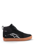 Alpinestars Ride 63 Drystar Shoes, motorcycle riding shoes in black and gum, featuring waterproof Drystar membrane, high-top lacing, and white side logo graphic