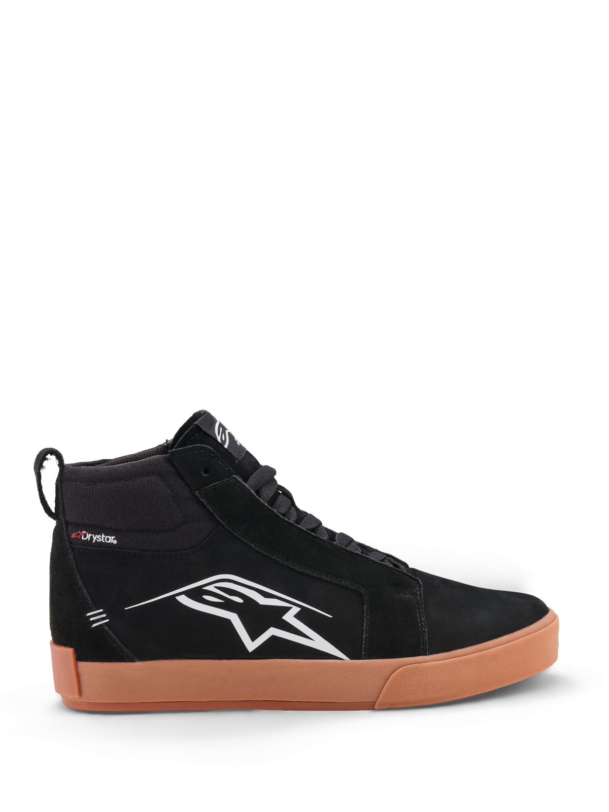 Alpinestars Ride 63 Drystar Shoes, motorcycle riding shoes in black and gum, featuring waterproof Drystar membrane, high-top lacing, and white side logo graphic