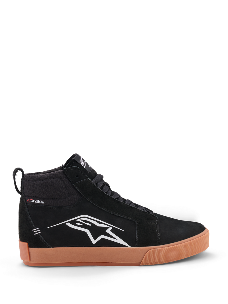 Alpinestars Ride 63 Drystar Shoes, motorcycle riding shoes in black and gum, featuring waterproof Drystar membrane, high-top lacing, and white side logo graphic