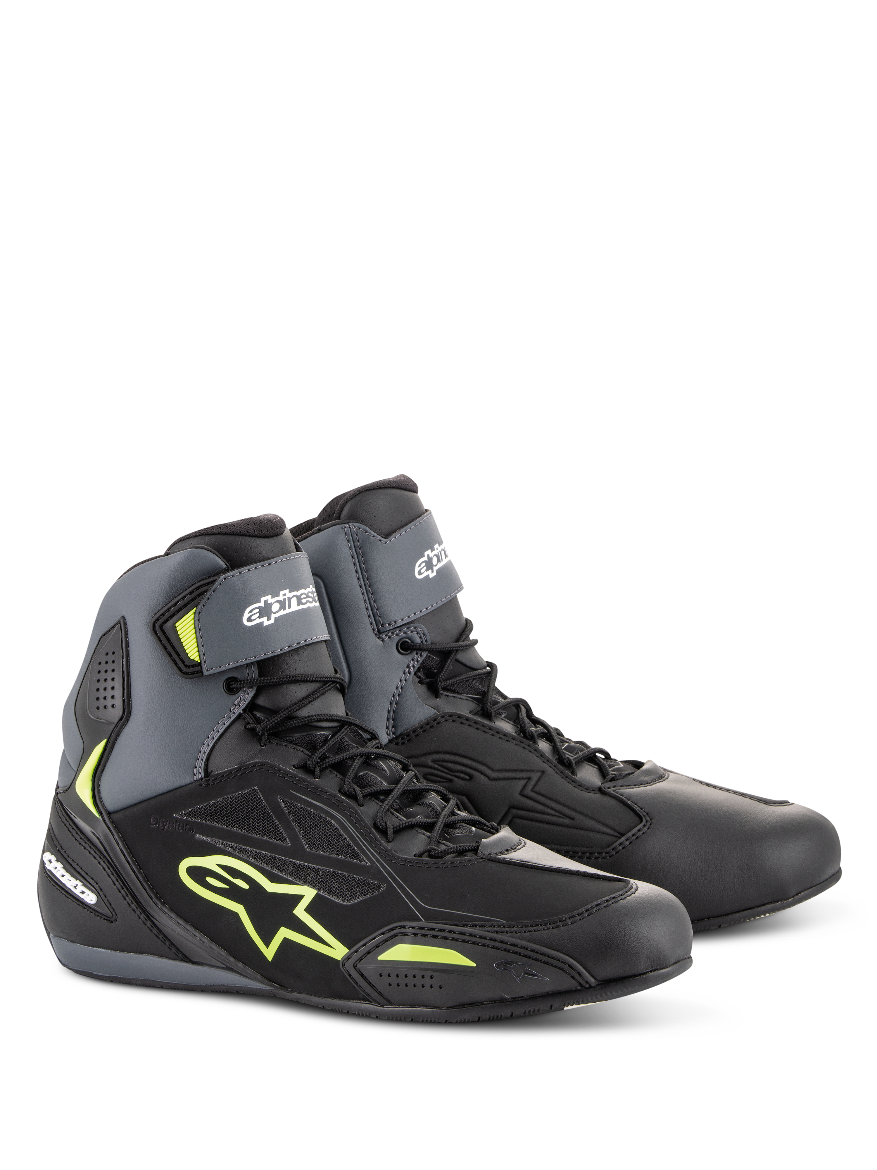 Alpinestars Faster-3 Drystar® Riding Shoes, waterproof motorcycle footwear in black, gray, and yellow fluo.
