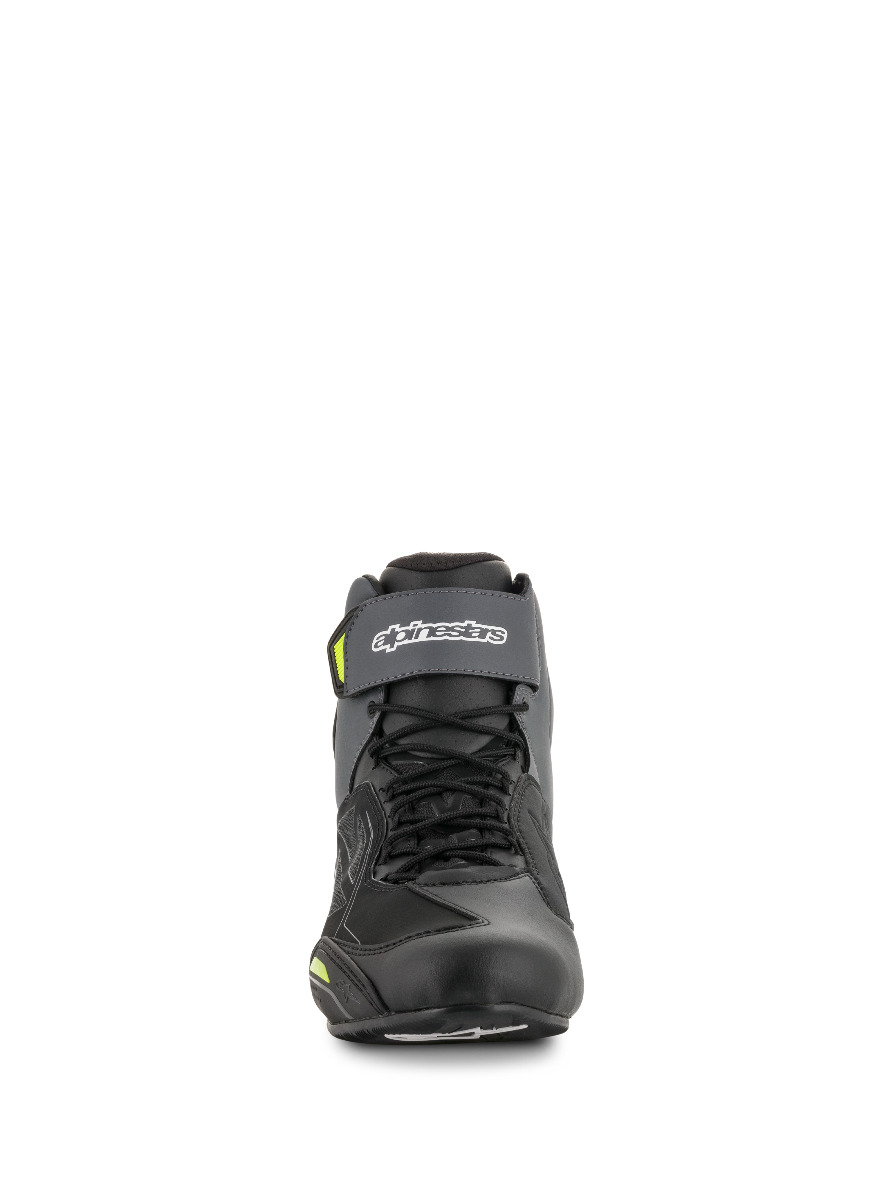 Alpinestars Faster-3 Drystar® Riding Shoes, Waterproof Motorcycle Road Racing Shoes, Black and Gray with Yellow Fluo accents.