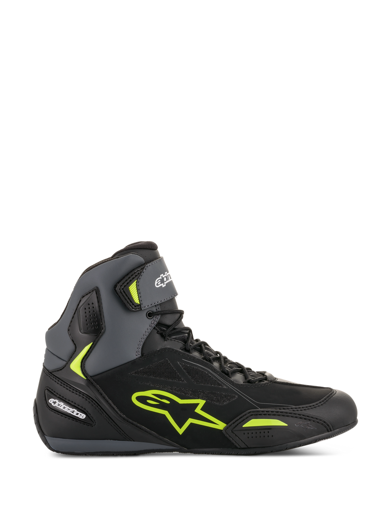 Alpinestars Faster-3 Drystar® Riding Shoes, waterproof motorcycle road shoes for urban performance, Black and Yellow Fluo, lightweight microfiber construction.