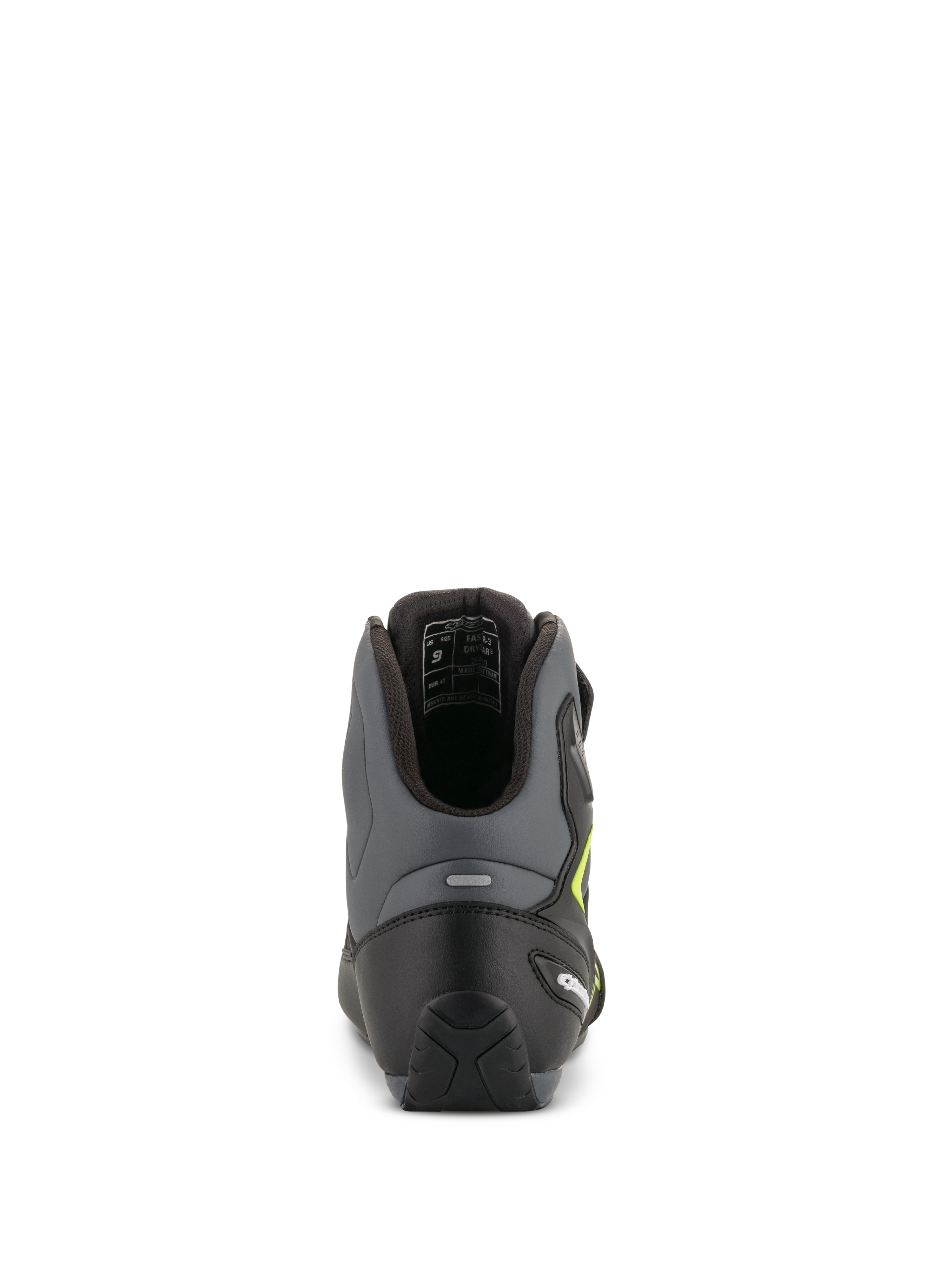 Alpinestars Faster-3 Drystar Riding Shoes, motorcycle road racing shoes, men's, black and gray, waterproof, rear view.