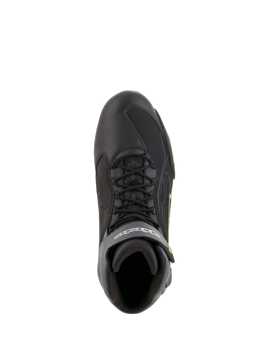 Alpinestars Faster-3 Drystar Riding Shoes, top-down view of waterproof road motorcycle footwear in Black, Gray, and Yellow Fluo.