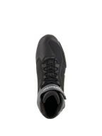 Alpinestars Faster-3 Drystar Riding Shoes, top-down view of waterproof road motorcycle footwear in Black, Gray, and Yellow Fluo.