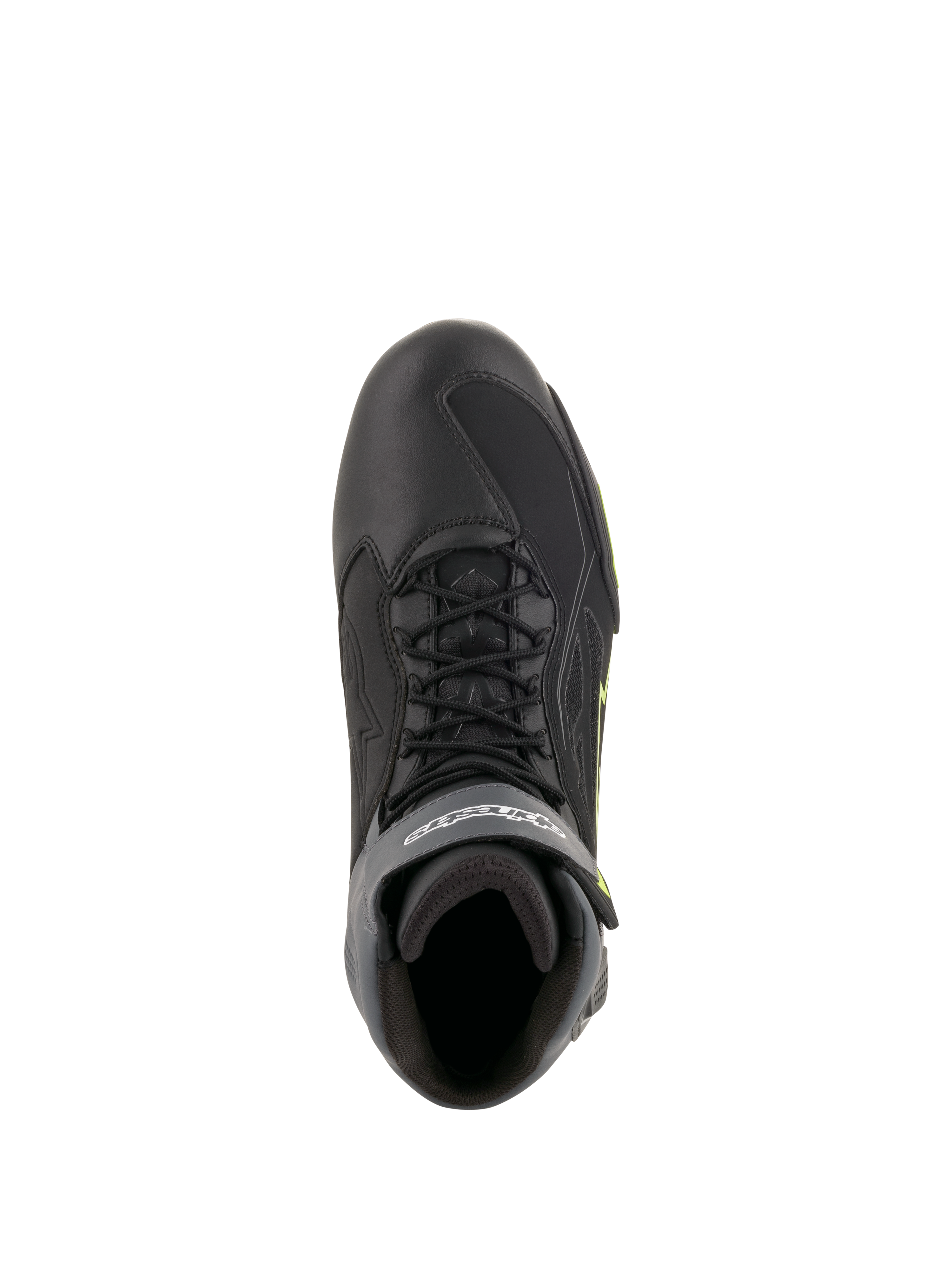 Alpinestars Faster-3 Drystar Riding Shoes, top-down view of waterproof road motorcycle footwear in Black, Gray, and Yellow Fluo.