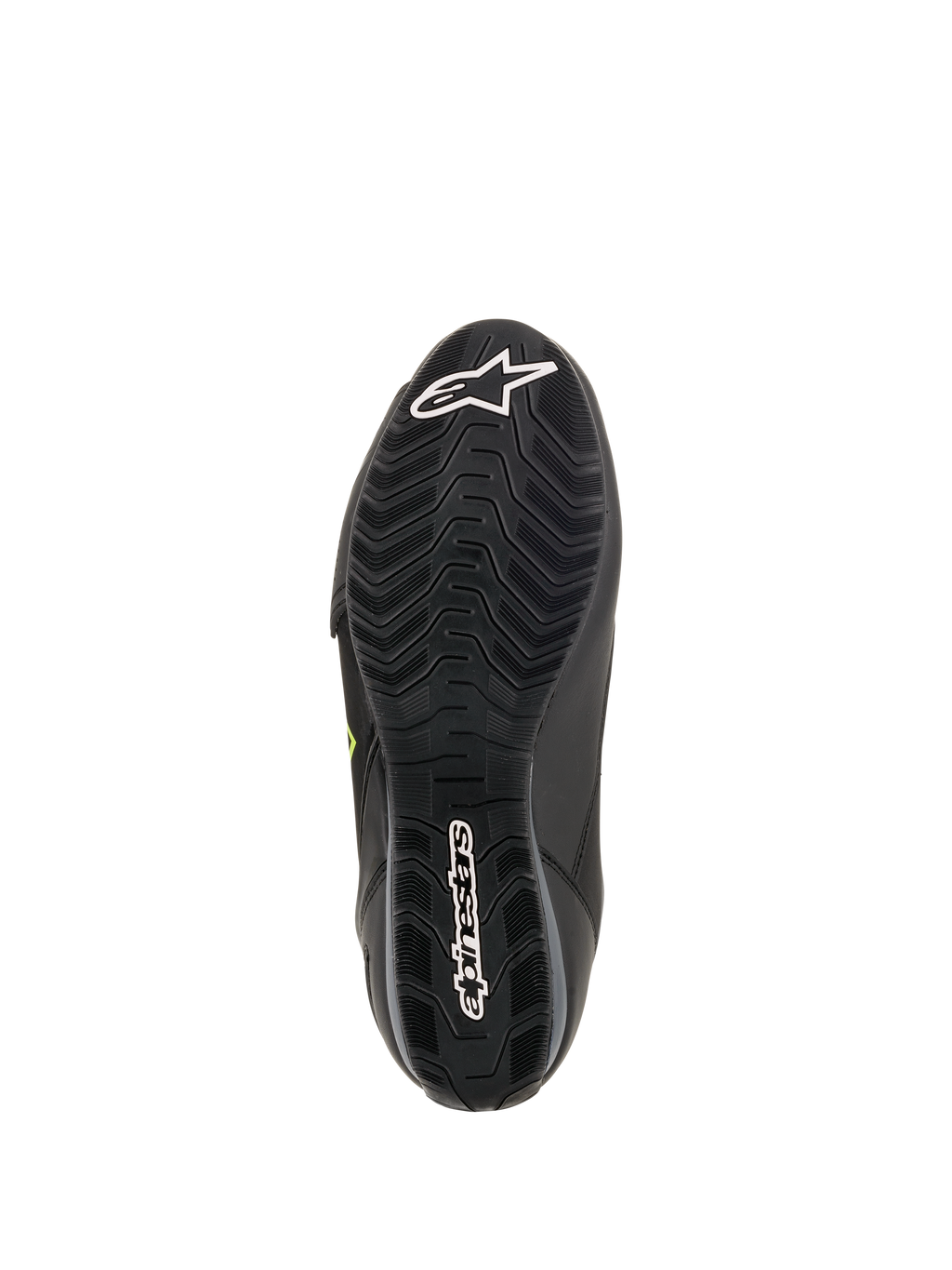 Alpinestars Faster-3 Drystar Riding Shoes, waterproof motorcycle gear, black rubber sole with textured grip and white logos.