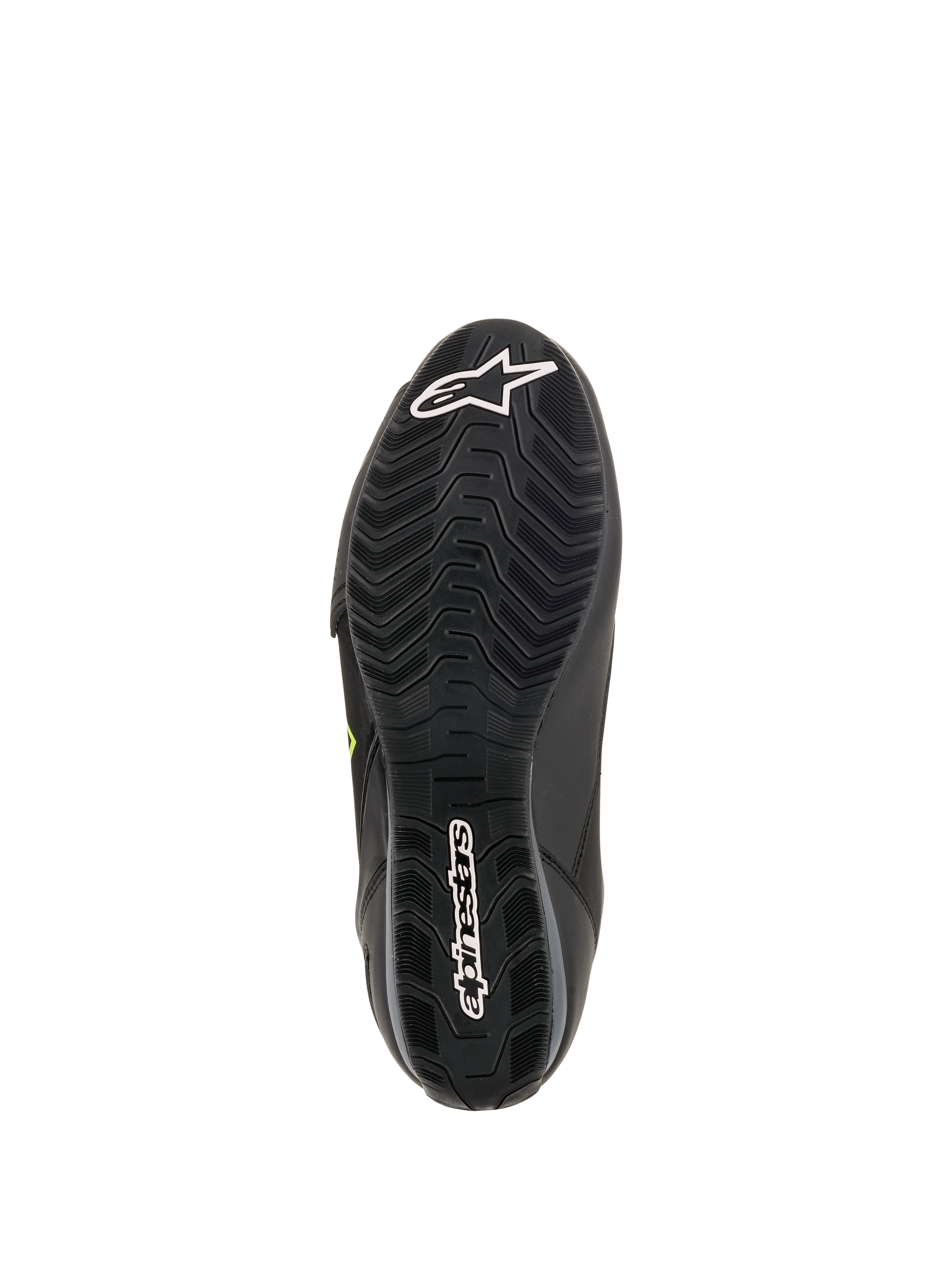 Alpinestars Faster-3 Drystar Riding Shoes, waterproof motorcycle gear, black rubber sole with textured grip and white logos.