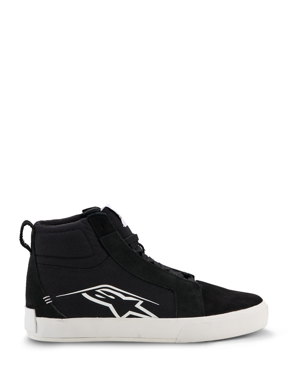 Alpinestars Ride-63 Canvas Shoes, Black and White High-Top Motorcycle Sneakers, Urban Casual Riding Footwear, Canvas and Suede Upper, Side Profile with White Astars Logo, Flat White Rubber Sole
