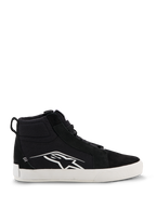 Alpinestars Ride-63 Canvas Shoes, Black and White High-Top Motorcycle Sneakers, Urban Casual Riding Footwear, Canvas and Suede Upper, Side Profile with White Astars Logo, Flat White Rubber Sole