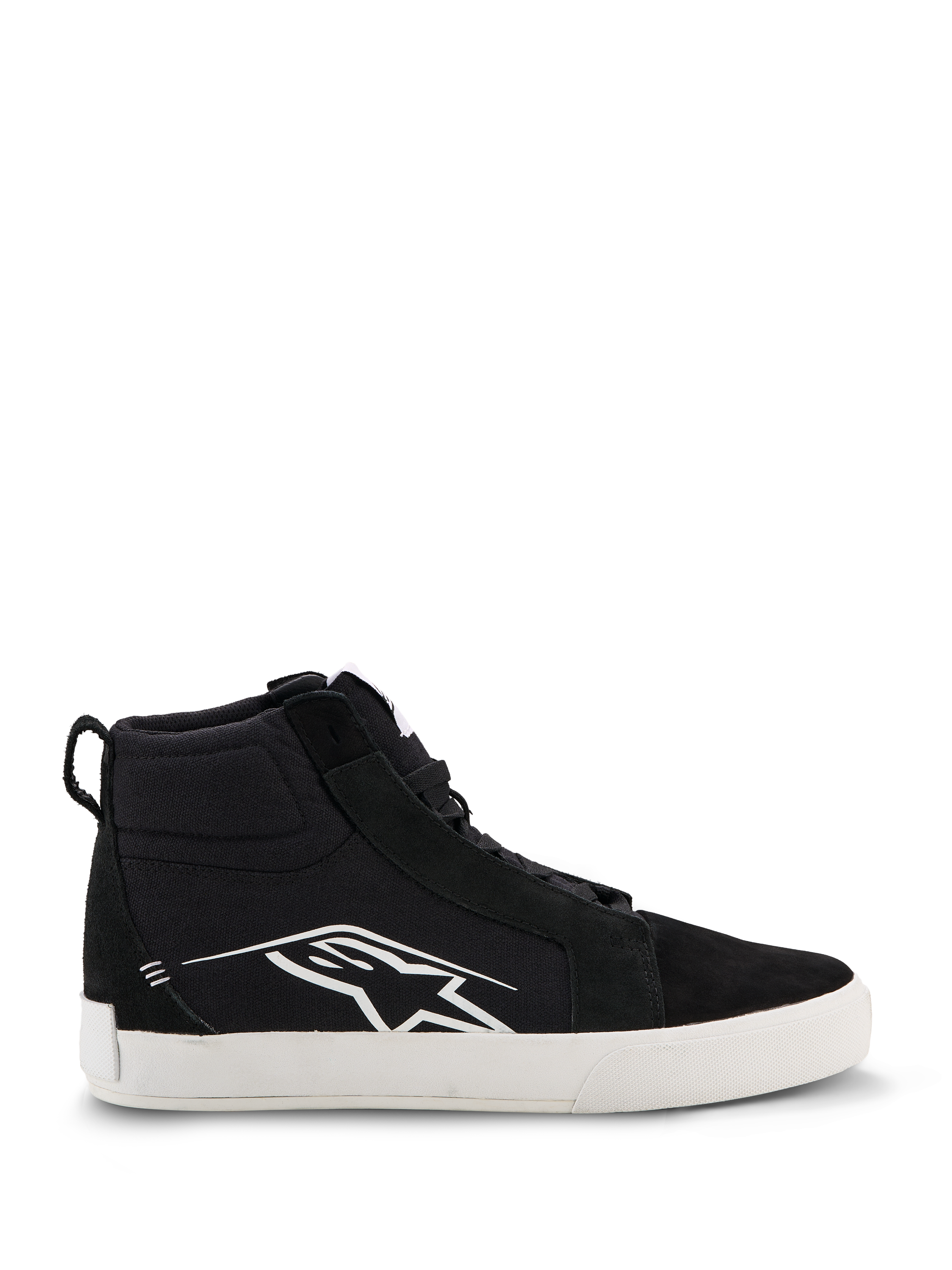 Alpinestars Ride-63 Canvas Shoes, Black and White High-Top Motorcycle Sneakers, Urban Casual Riding Footwear, Canvas and Suede Upper, Side Profile with White Astars Logo, Flat White Rubber Sole