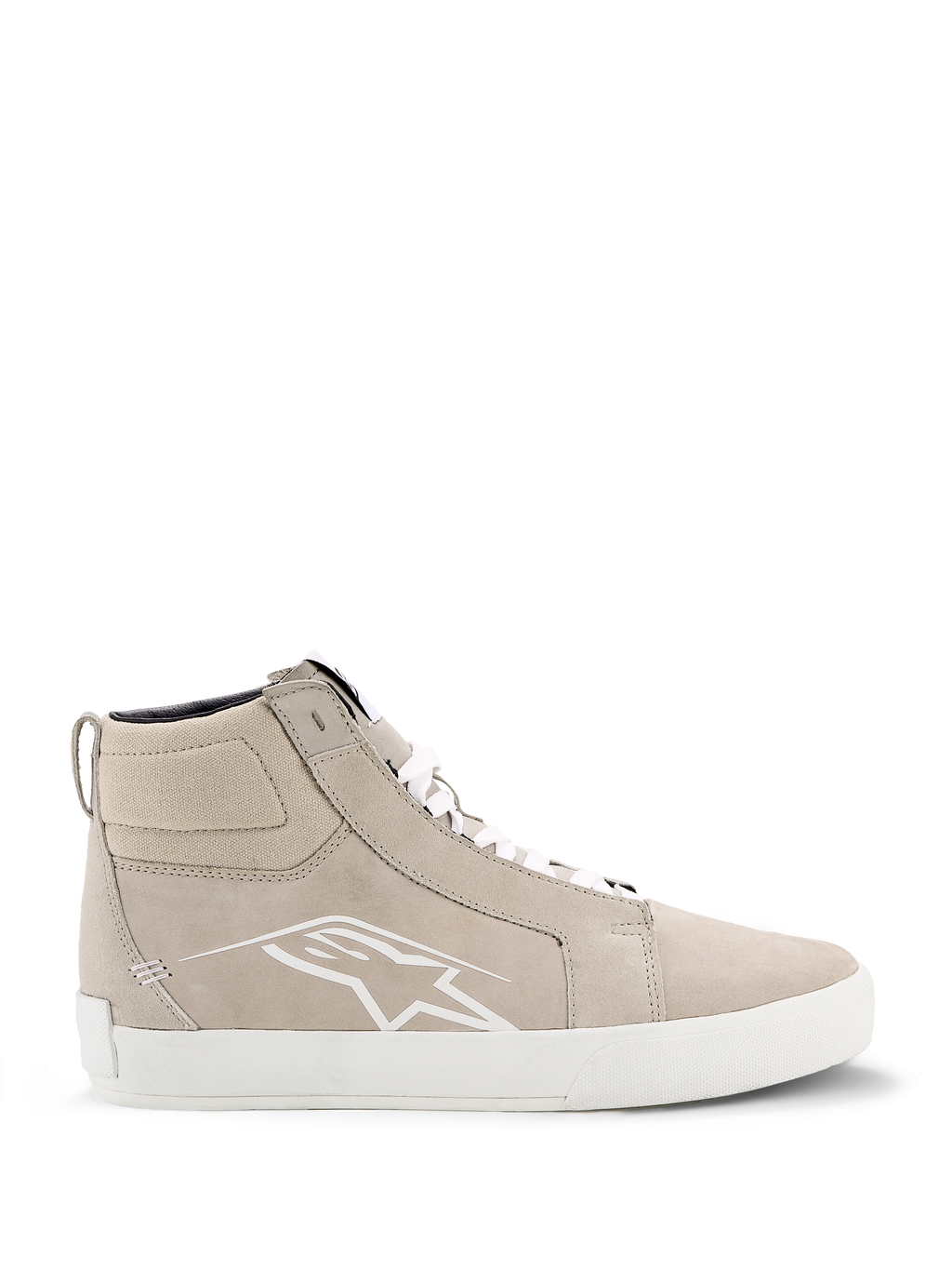 Alpinestars Ride-63 Leather Shoes, Urban Motorcycle Shoes, Sand and White, high-top street-style silhouette with suede panels, featuring white laces, a white Astars logo on the side, and a white vulcanized rubber sole