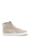Alpinestars Ride-63 Leather Shoes, Urban Motorcycle Shoes, Sand and White, high-top street-style silhouette with suede panels, featuring white laces, a white Astars logo on the side, and a white vulcanized rubber sole