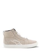 Alpinestars Ride-63 Leather Shoes, Urban Motorcycle Shoes, Sand and White, high-top street-style silhouette with suede panels, featuring white laces, a white Astars logo on the side, and a white vulcanized rubber sole