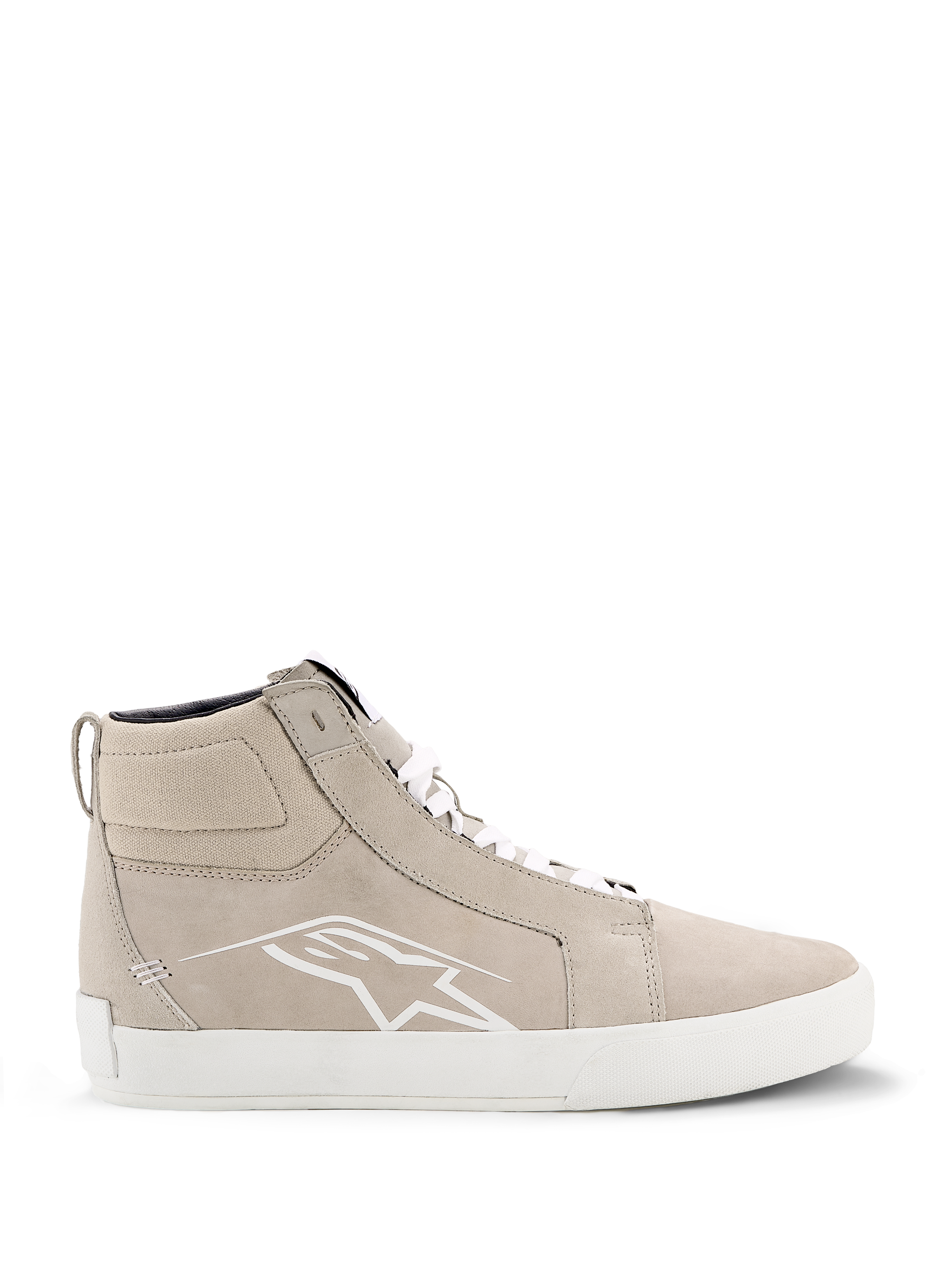 Alpinestars Ride-63 Leather Shoes, Urban Motorcycle Shoes, Sand and White, high-top street-style silhouette with suede panels, featuring white laces, a white Astars logo on the side, and a white vulcanized rubber sole