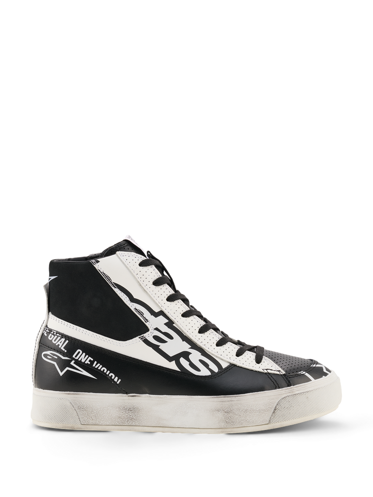 Alpinestars Stella Stated Flair Shoes, Women's High-Top Riding Shoes, Black and White, featuring perforated leather panels, bold logo branding, and a distressed worn-look sole, motorsport-inspired urban streetwear.