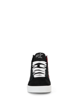 Alpinestars FQ20 Ride-63 Canvas Shoes, Urban Motorcycle Riding Shoes, Black White and Bright Red, front view of high-top silhouette with white laces, black canvas upper, and white sole, featuring embroidered tongue logo and casual skate-inspired design