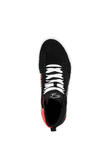 Alpinestars FQ20 Ride-63 Canvas Shoe, top-down view, Black with white laces and Bright Red heel section, high-top casual riding shoe with Alpinestars logo on the tongue