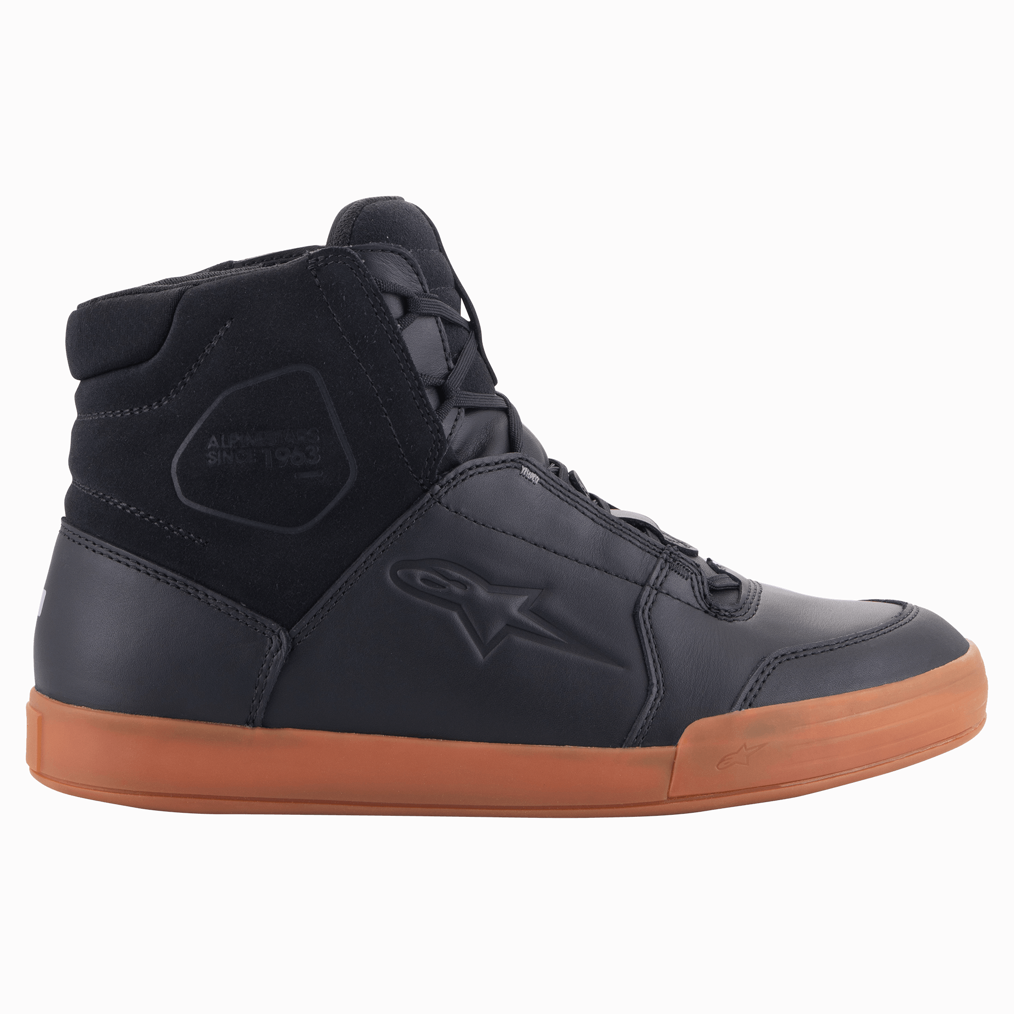 Alpinestars Chrome Drystar® Shoes, Urban Motorcycle Riding Shoes, Black with gum sole, leather and suede upper, high-top street-styled design with embossed star logo and urban sole