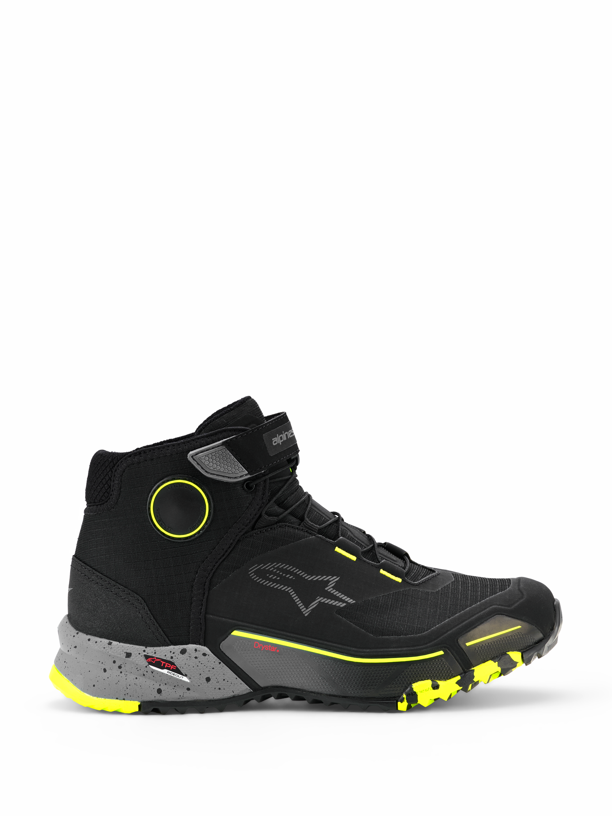 Alpinestars CR-X Drystar Riding Shoes, high-top motorcycle urban sneakers, black with dark gray speckled midsole and yellow fluo accents, waterproof Drystar membrane, rugged textured sole, protective casual riding footwear