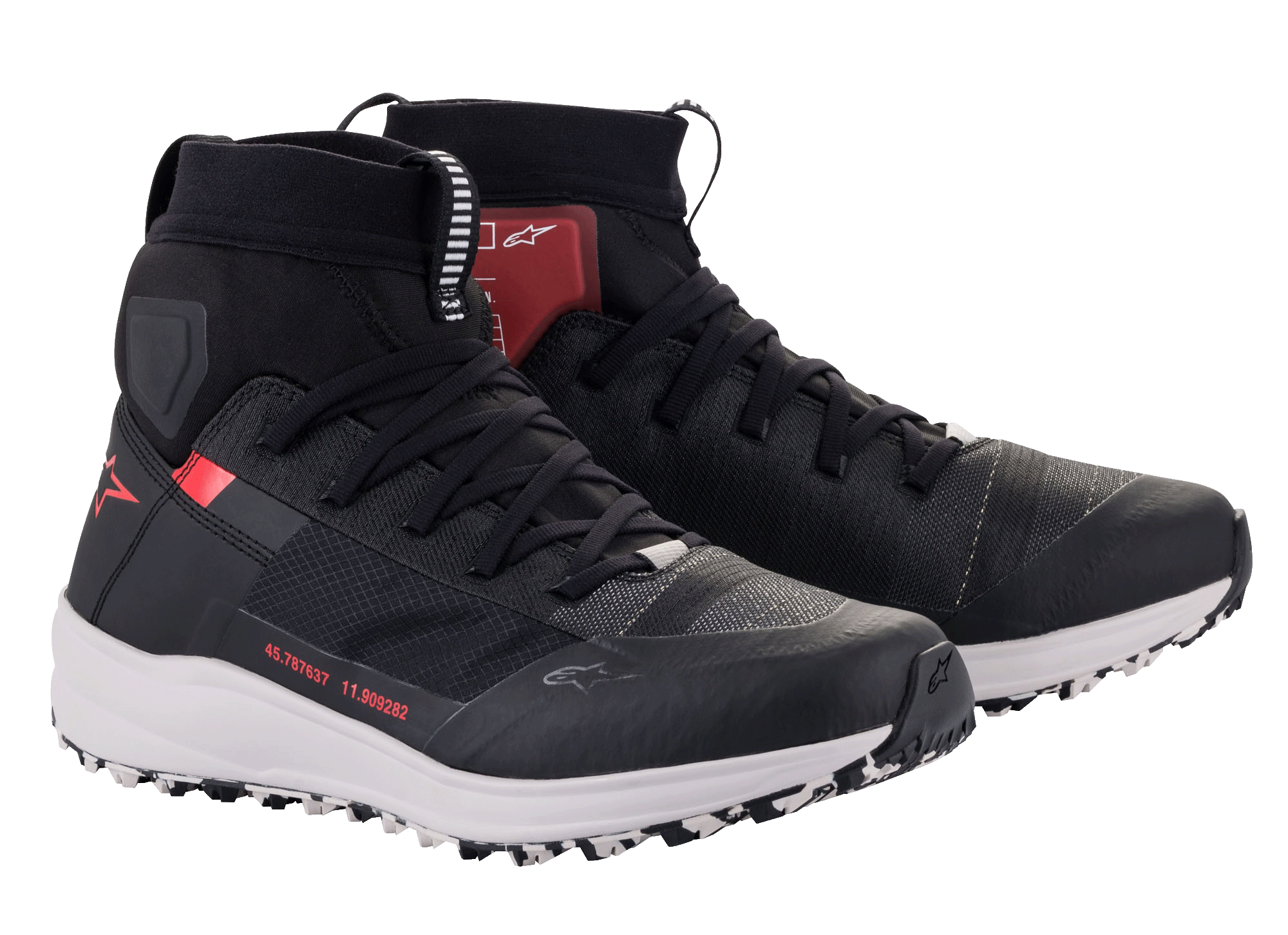 Alpinestars Speedforce Shoes, high-cut motorcycle riding shoes, Black White and Red, featuring a running shoe silhouette, MATRYX textile upper, white midsole, and red Alpinestars logo, technical urban footwear for road riding