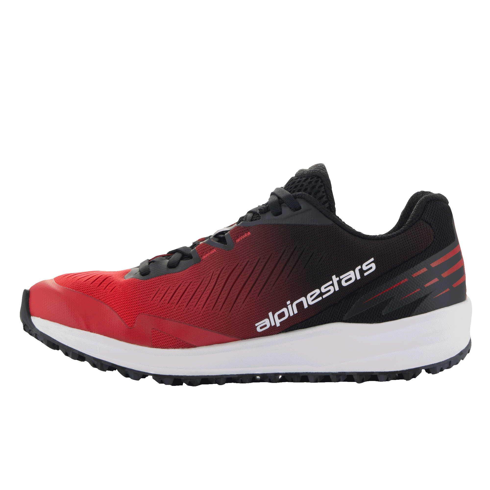 Alpinestars Meta Road V2 Shoes, Sportswear Shoes, Red and Black gradient with White midsole, side profile featuring white Alpinestars text branding, lightweight athletic design for all-day comfort
