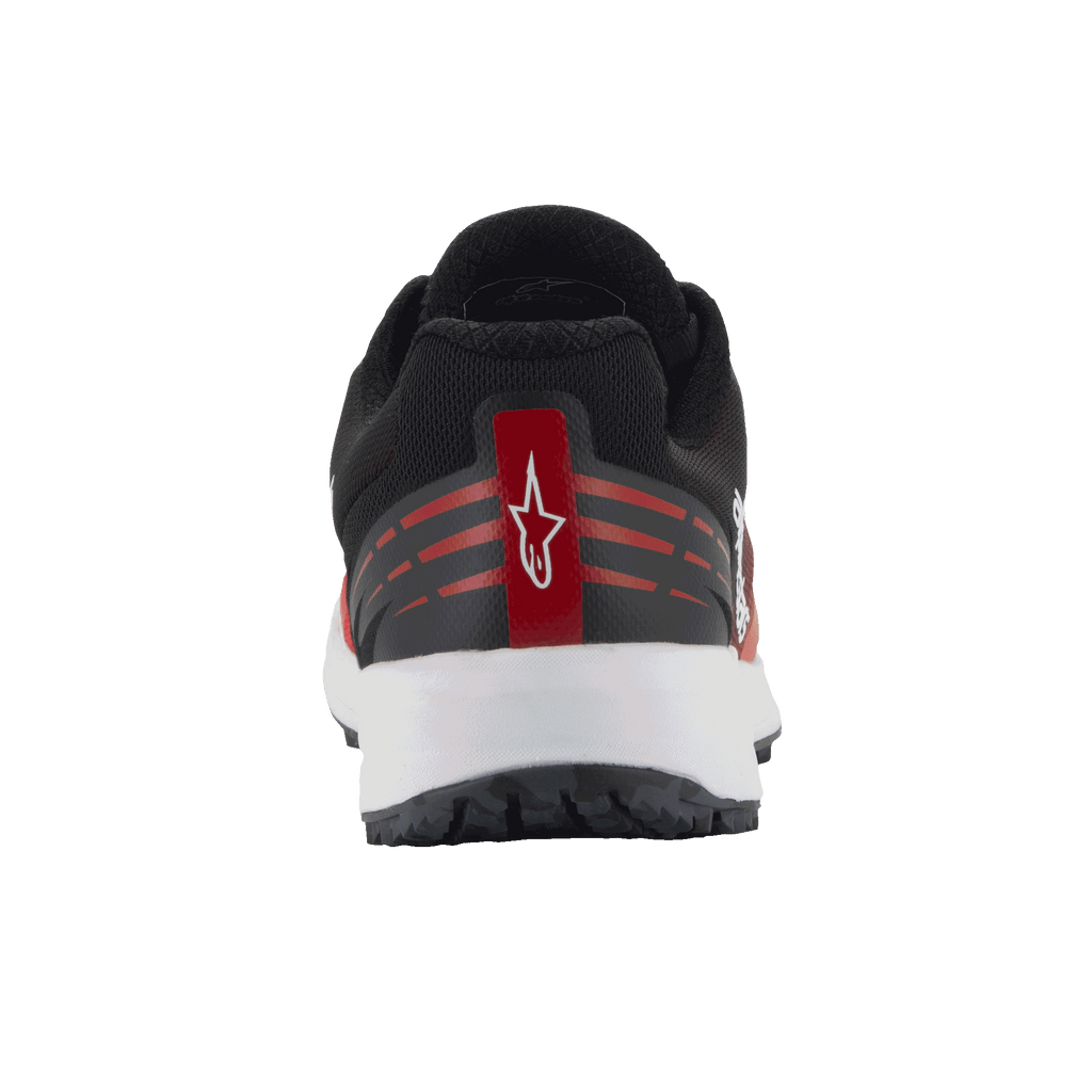 Alpinestars Meta Road V2 Shoes, Sportswear Shoes, Red Black and White, rear view showing heel detail with white Astars logo on a red stripe, horizontal red accents, black mesh upper and white midsole