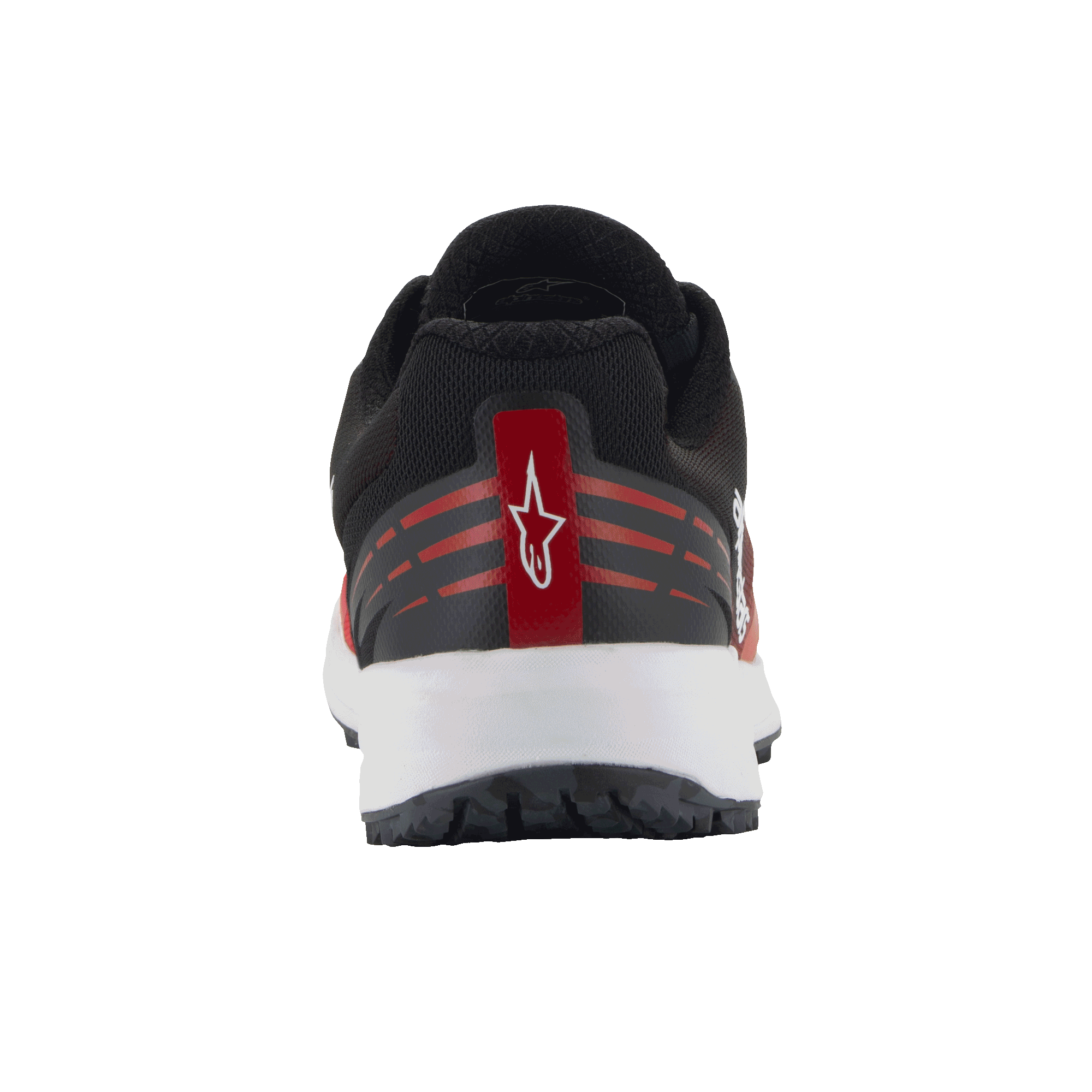 Alpinestars Meta Road V2 Shoes, Sportswear Shoes, Red Black and White, rear view showing heel detail with white Astars logo on a red stripe, horizontal red accents, black mesh upper and white midsole