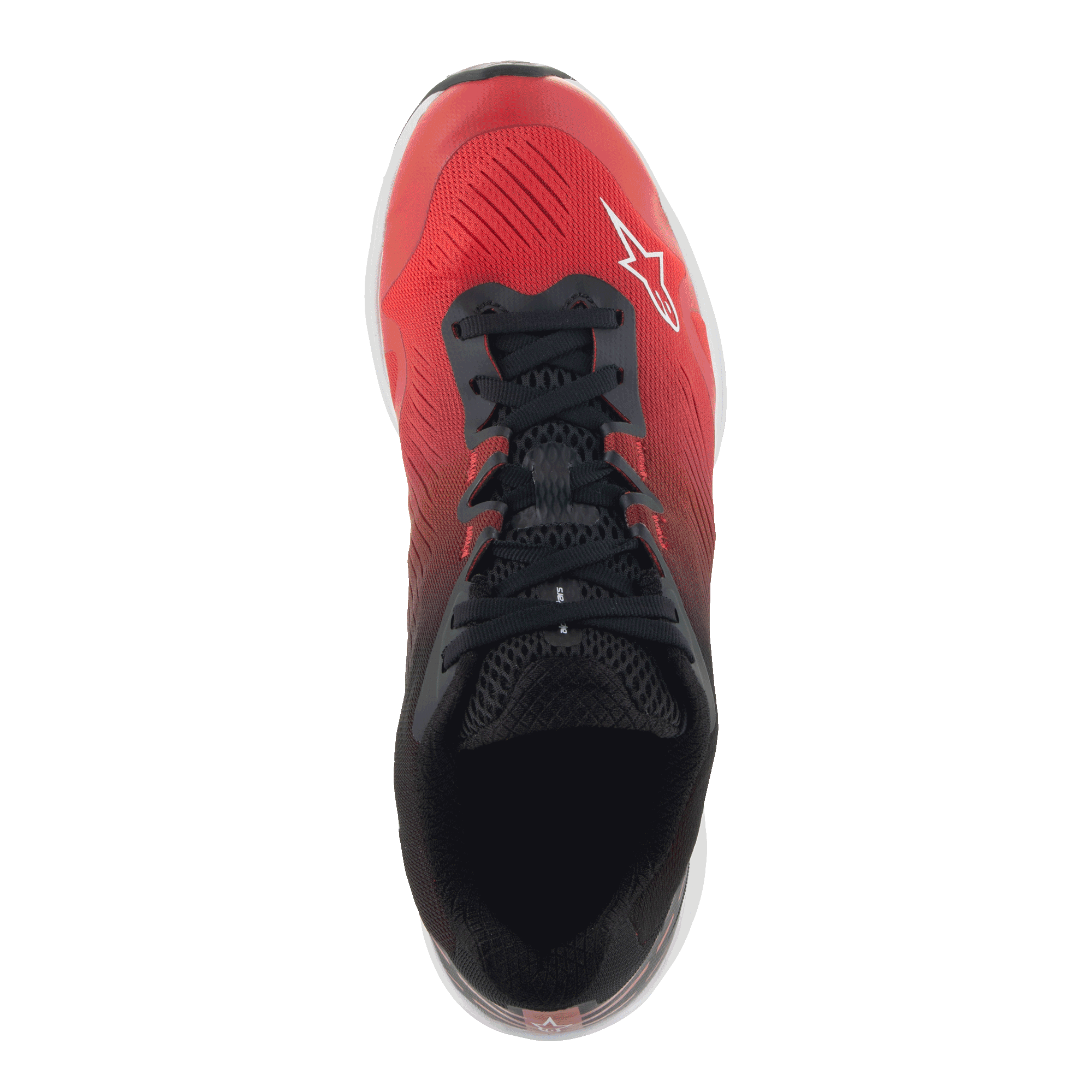 Alpinestars Meta Road V2 Shoes, Sportswear Shoes, Red Black and White, top-down view featuring a red to black gradient, black laces, and white Alpinestars logo, designed for all-day comfort and race-team workwear
