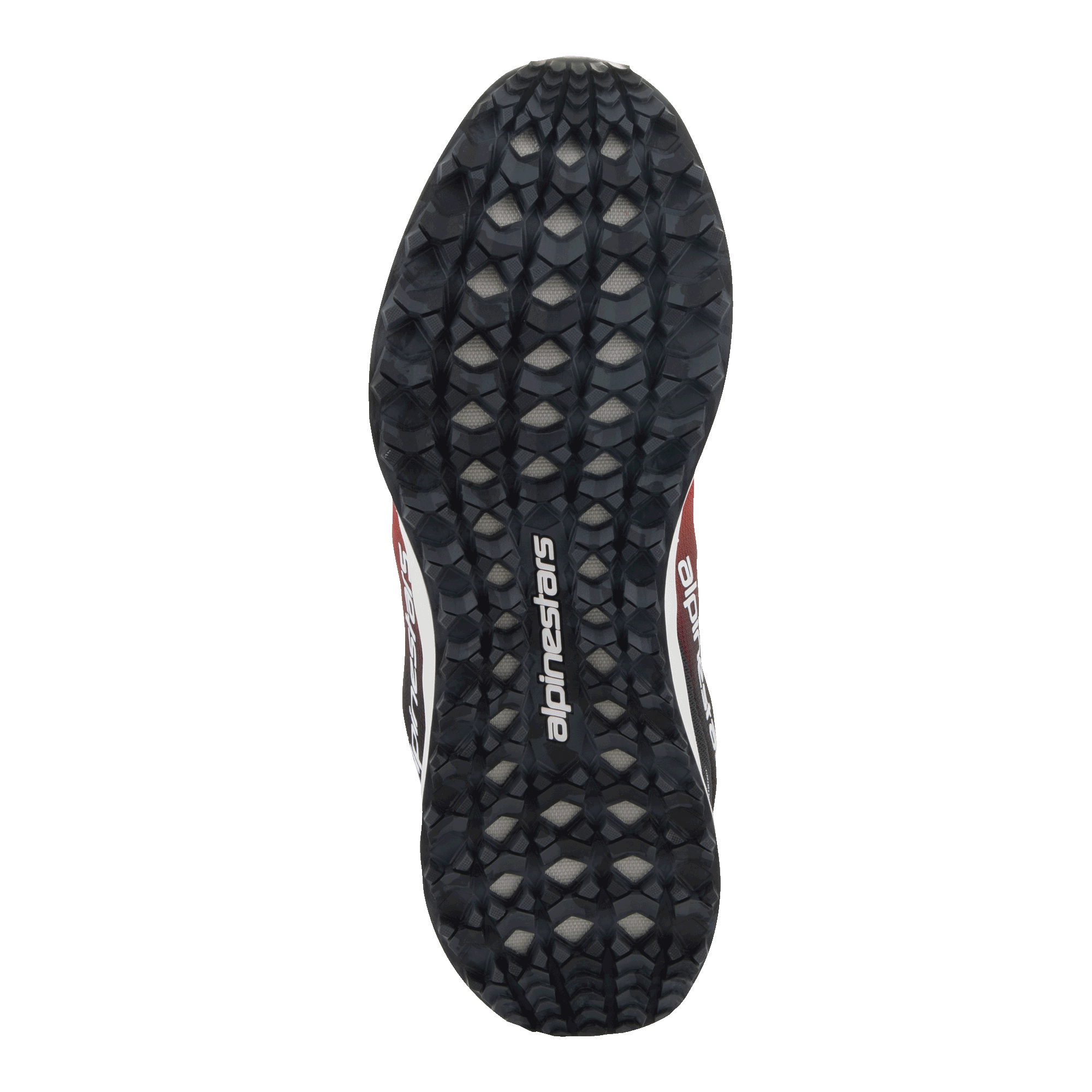 Alpinestars Meta Road V2 Shoes, bottom view of the outsole, black rubber with a textured hexagonal tread pattern for grip, white Alpinestars logo in the center, Red Black and White accents visible on the sides