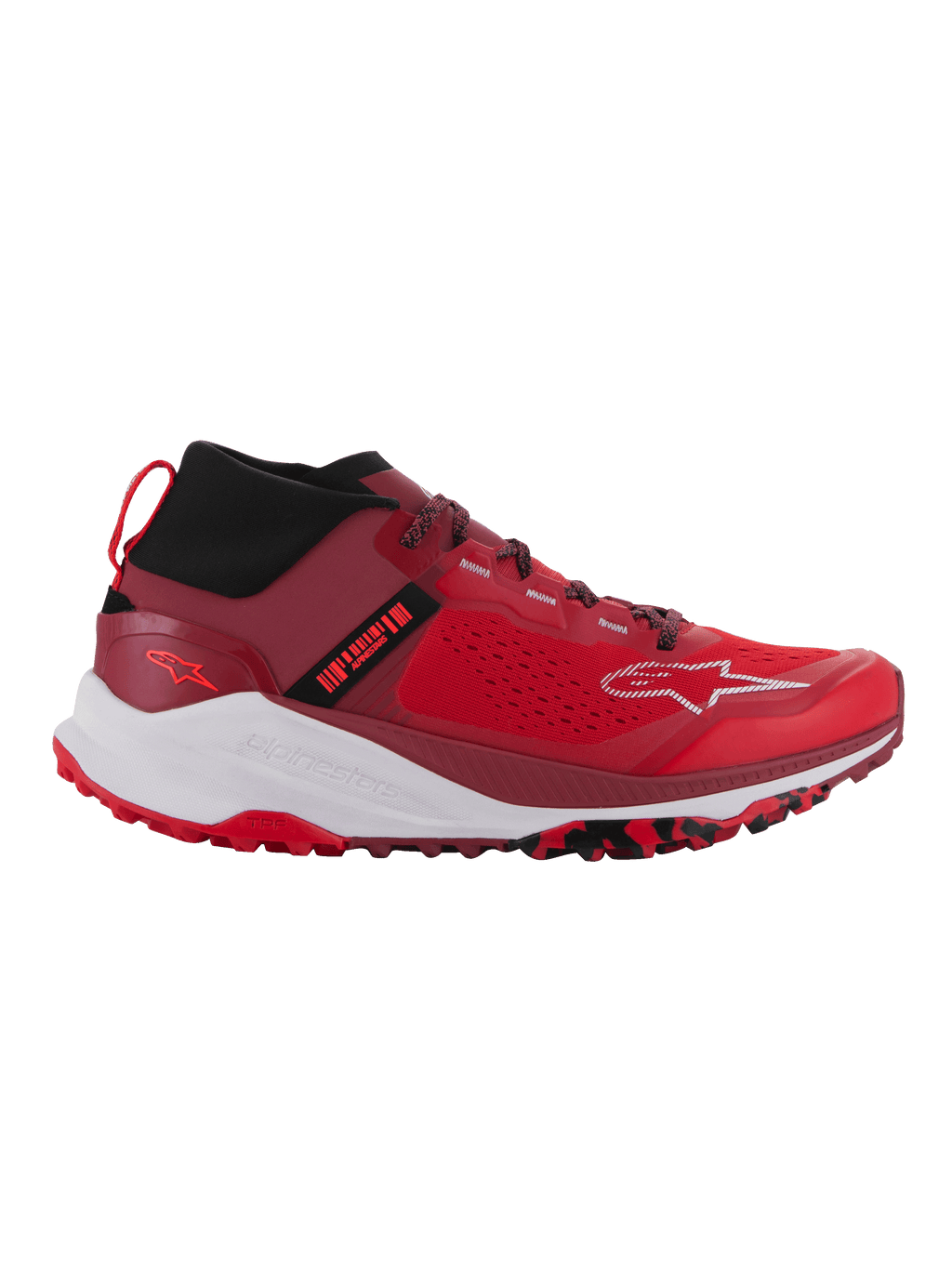 Alpinestars Meta XR V2 Shoes, Sport-Casual Shoes, Bright Red and Dark Red with White accents, featuring a single-piece mesh upper, black elastic collar, thick white midsole, and rugged red outsole with black camo patterns.