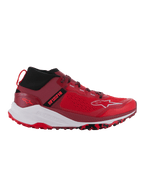 Alpinestars Meta XR V2 Shoes, Sport-Casual Shoes, Bright Red and Dark Red with White accents, featuring a single-piece mesh upper, black elastic collar, thick white midsole, and rugged red outsole with black camo patterns.