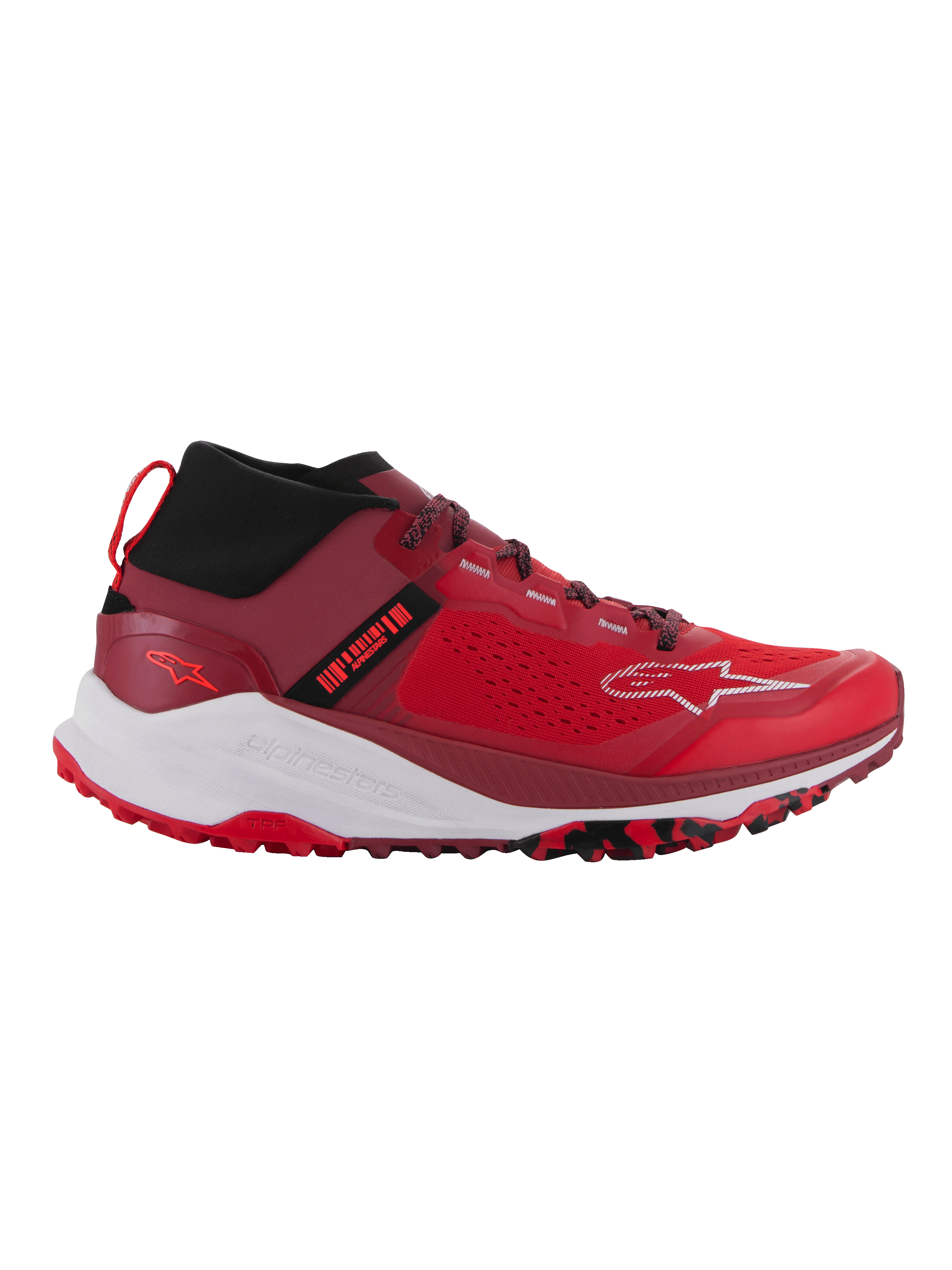 Alpinestars Meta XR V2 Shoes, Sport-Casual Shoes, Bright Red and Dark Red with White accents, featuring a single-piece mesh upper, black elastic collar, thick white midsole, and rugged red outsole with black camo patterns.
