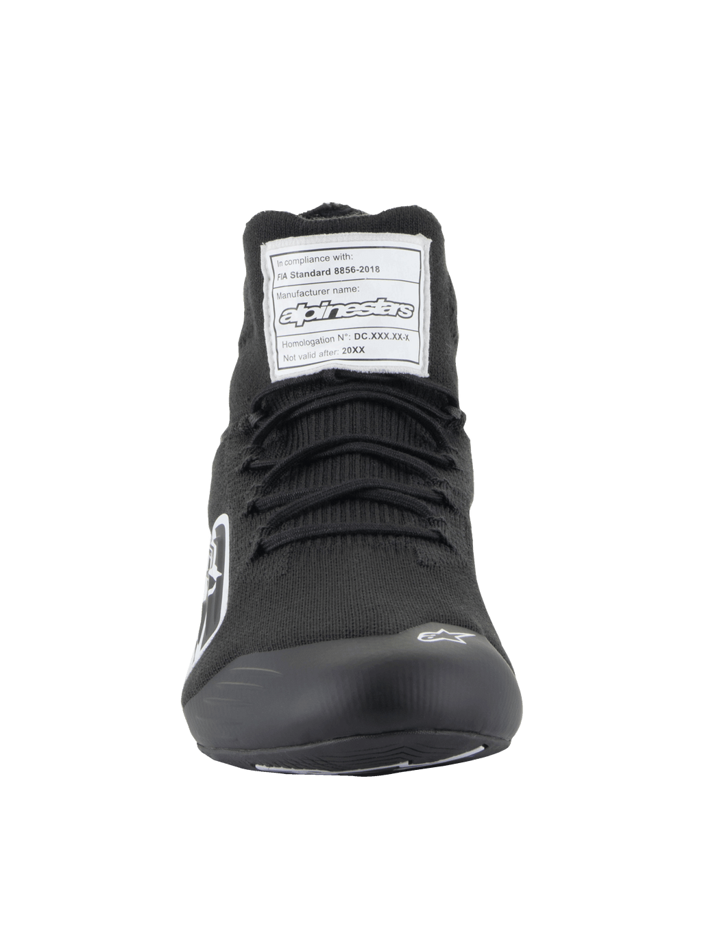 Alpinestars Supertech Shoes, Auto Racing Footwear, Black, front view showing the aramidic knitted upper, white FIA certification label on the tongue, and small white Astars logo on the toe, professional motorsport design