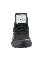 Alpinestars Supertech Shoes, Auto Racing Footwear, Black, front view showing the aramidic knitted upper, white FIA certification label on the tongue, and small white Astars logo on the toe, professional motorsport design