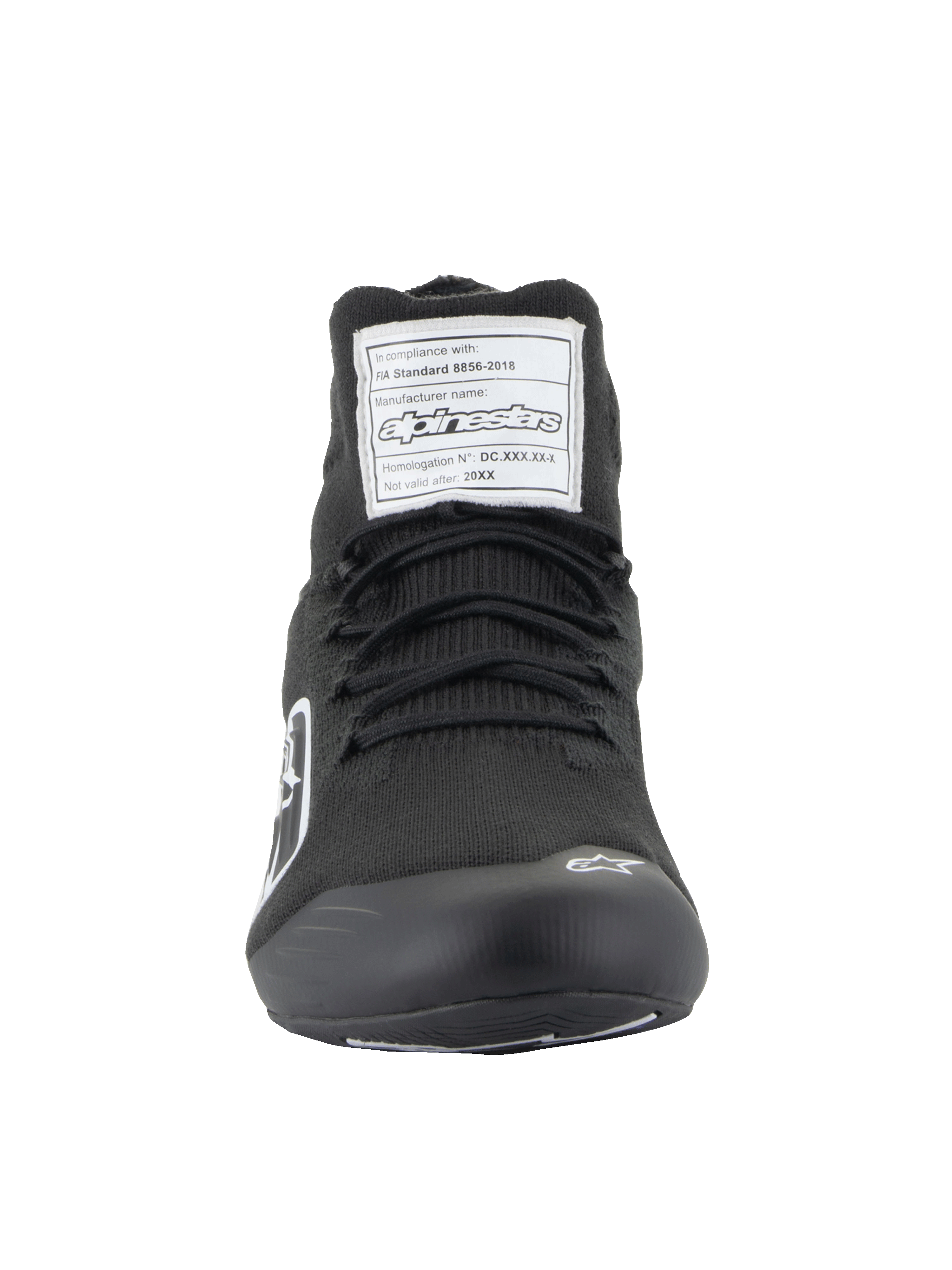 Alpinestars Supertech Shoes, Auto Racing Footwear, Black, front view showing the aramidic knitted upper, white FIA certification label on the tongue, and small white Astars logo on the toe, professional motorsport design