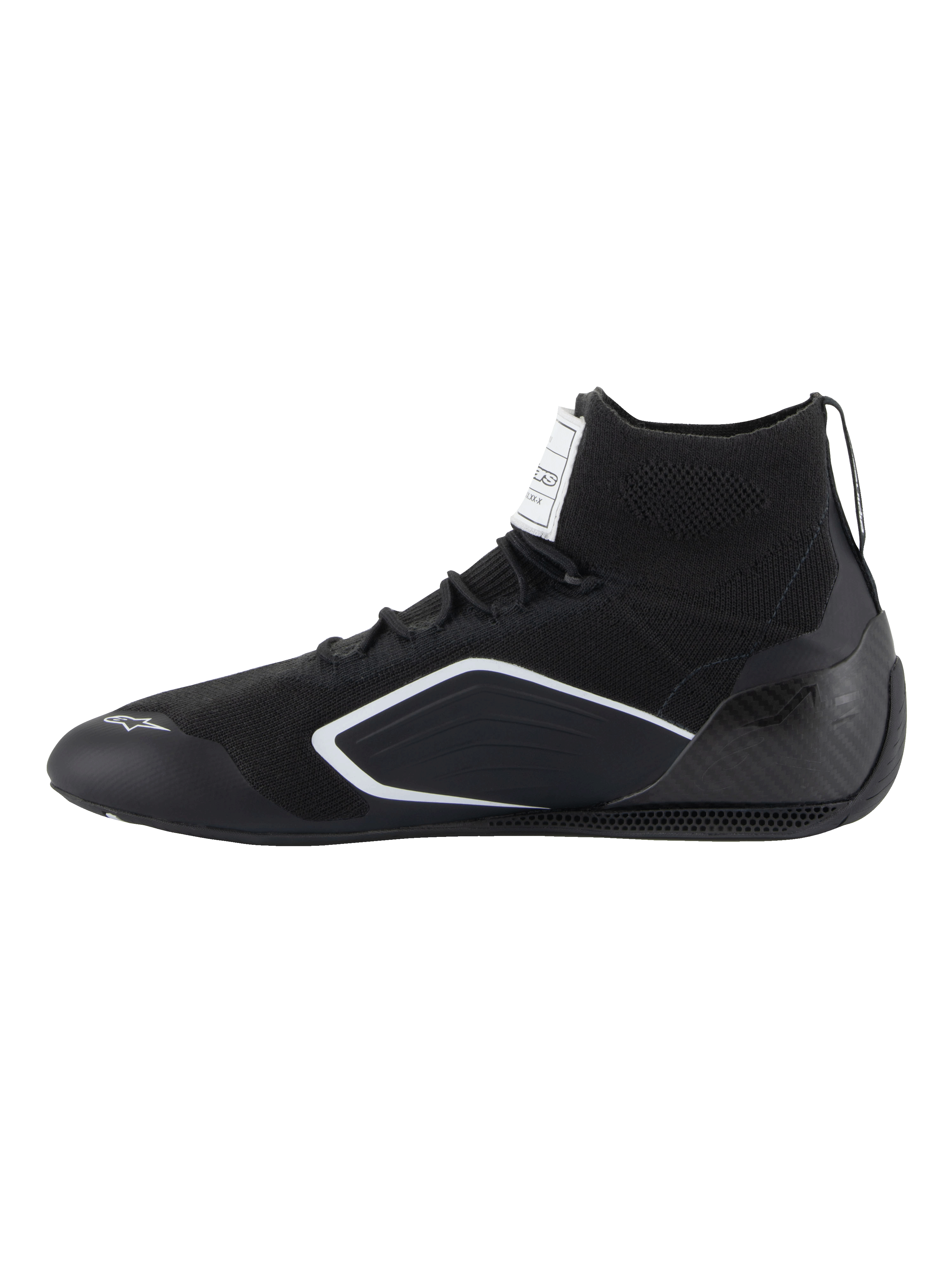 Alpinestars Supertech Shoes, Auto Racing Shoes, Black, side profile view featuring a knitted upper, carbon fiber heel cup, and white geometric accents, professional motorsport footwear