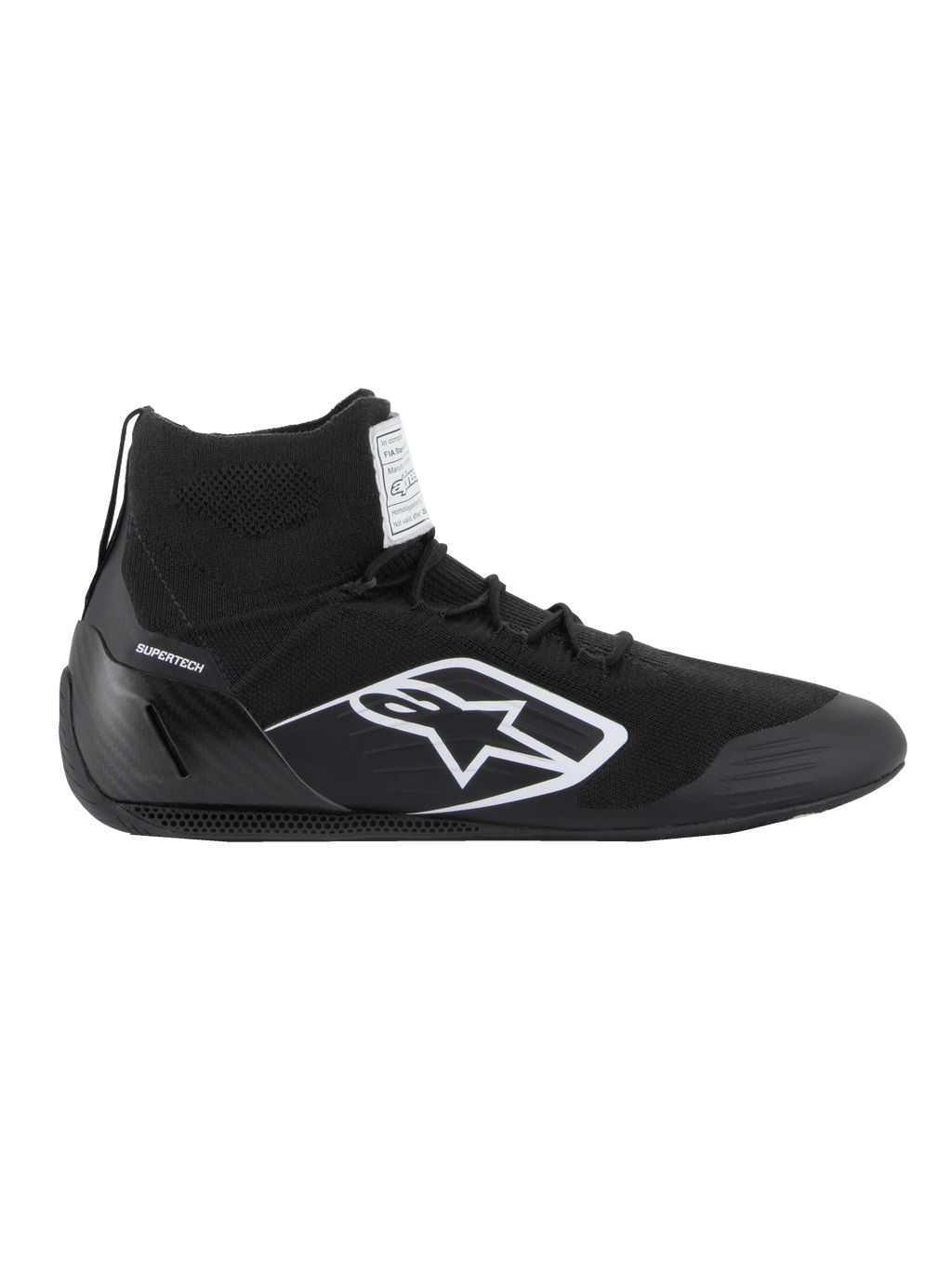 Alpinestars Supertech Shoes, FIA/SFI Certified Auto Racing Shoes, Black with white Alpinestars star logo, high-top design featuring a knitted upper and carbon fiber heel cup, professional motorsport footwear