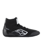 Alpinestars Supertech Shoes, FIA/SFI Certified Auto Racing Shoes, Black with white Alpinestars star logo, high-top design featuring a knitted upper and carbon fiber heel cup, professional motorsport footwear